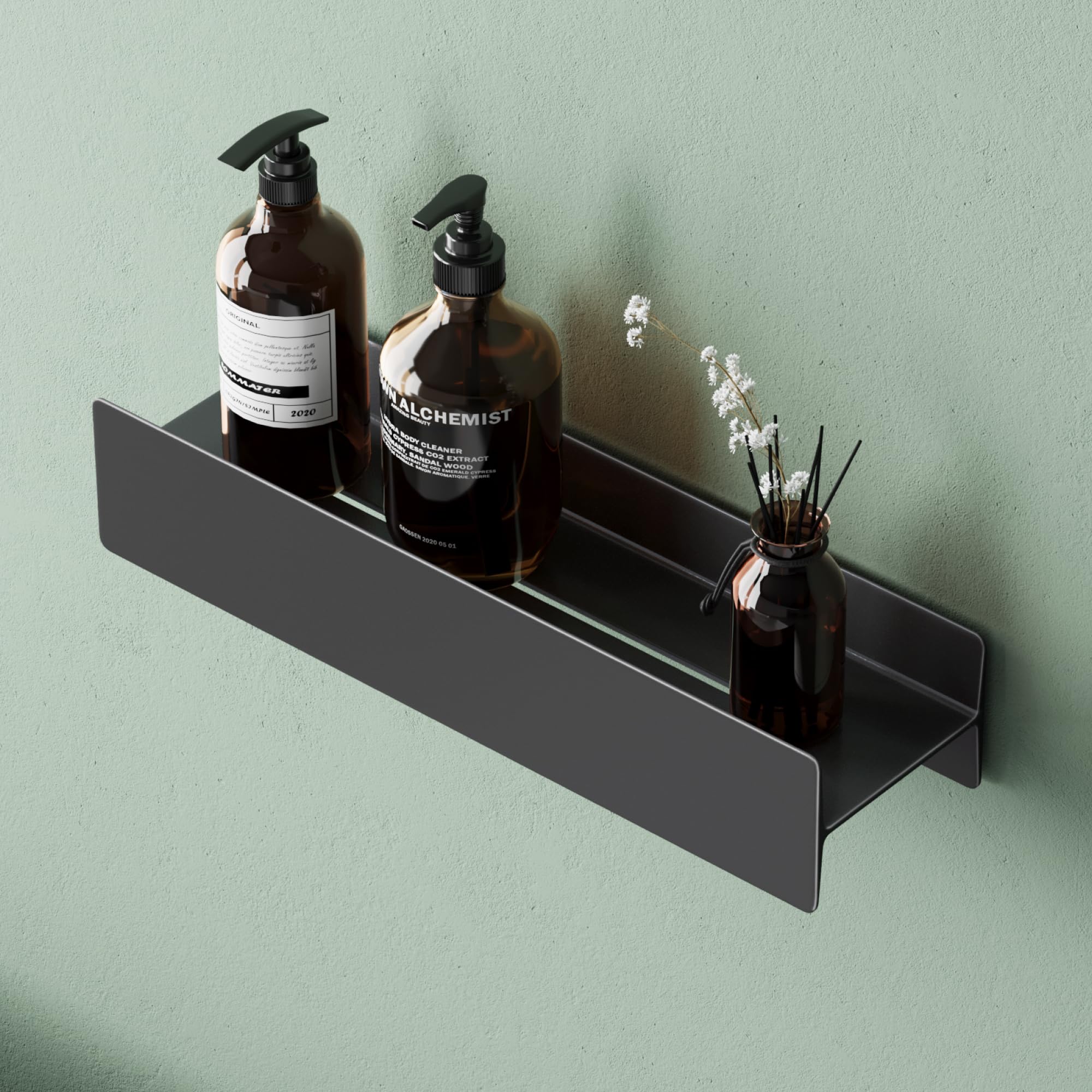 Mai & Mai Shower Caddy No Drill, Bathroom Storage Shelf with Screw Mounting and Optional Adhesive Installation, 60cm Wall Mounted Shower Shelf with Towel Hanging Space, Reglo-03, Matte Black