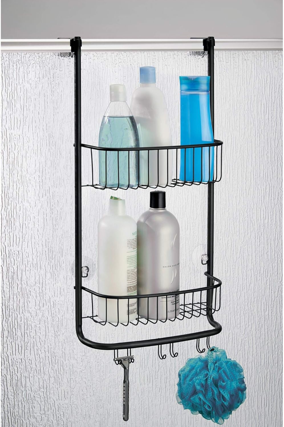 iDesign Shower Caddy Over the Door, Small Hanging Bathroom Organiser with Two Shelves Made of Durable Metal, Practical Shower Storage for Shampoo, Shower Gel and More, Black