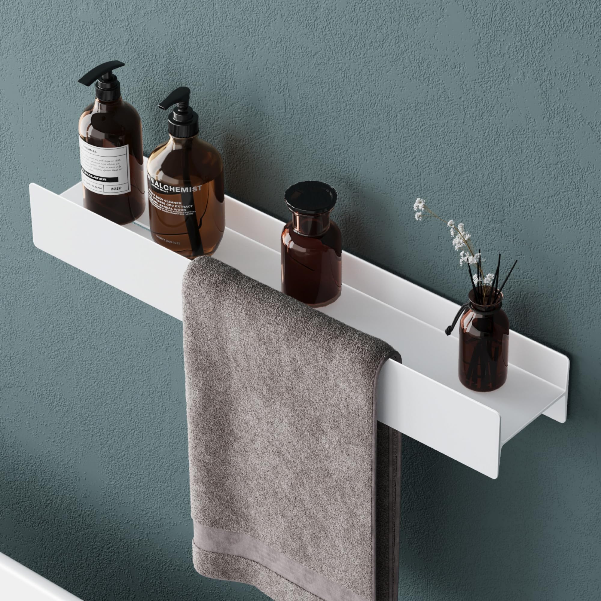 Mai & Mai Shower Caddy No Drill, Bathroom Storage Shelf with Screw Mounting and Optional Adhesive Installation, 60cm Wall Mounted Shower Shelf with Towel Hanging Space, Reglo-03, Matte Black