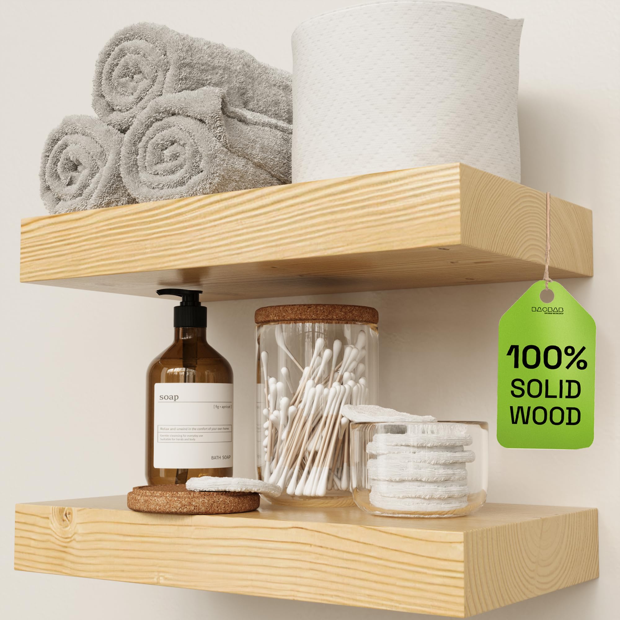 BAOBAB WORKSHOP Wood Floating Shelves for Wall Mounted, 16 inch Walnut Floating Shelf for Bathroom, Solid Wooden Wall Shelves for Kitchen Bedroom Farmhouse, Walnut Finish, 16 x 6.7, Set of 2