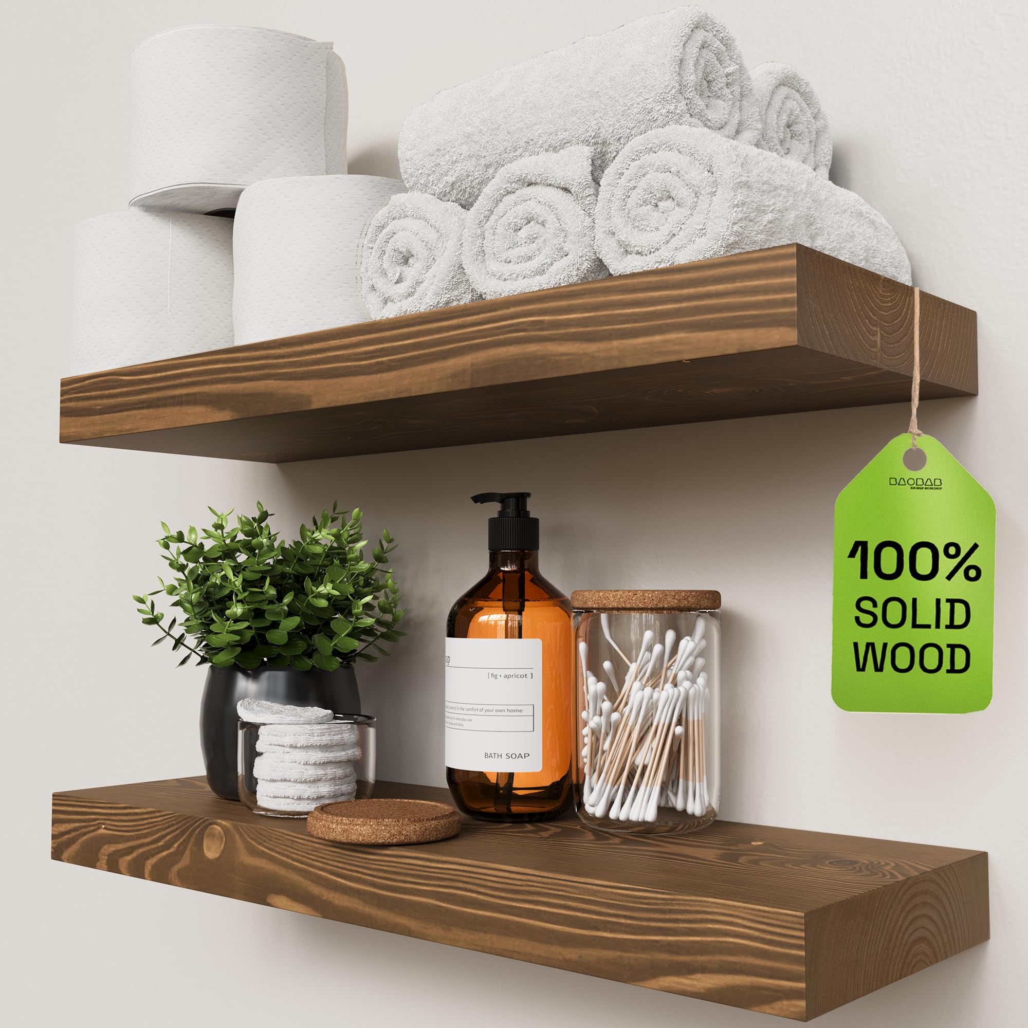 BAOBAB WORKSHOP Wood Floating Shelves for Wall Mounted, 16 inch Walnut Floating Shelf for Bathroom, Solid Wooden Wall Shelves for Kitchen Bedroom Farmhouse, Walnut Finish, 16 x 6.7, Set of 2