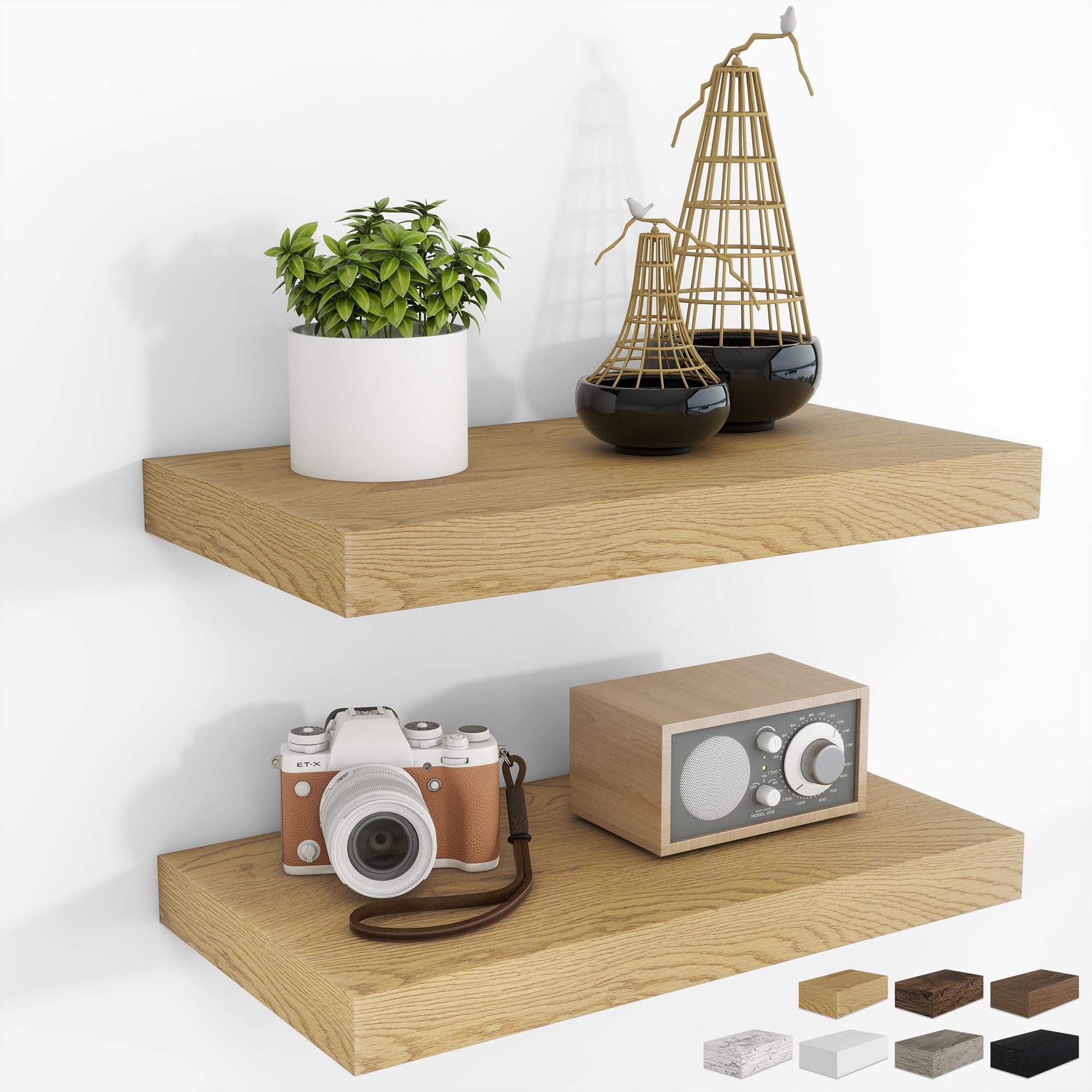 RICHFOCUS 24Inch Floating Shelves for Wall 2 Pack Shelves for Bedroom|Kitchen|Bathroom Wall Mounted Rustic Wood Floating Shelf with Invisible Brackets for Books|Storage|Decor, Oak
