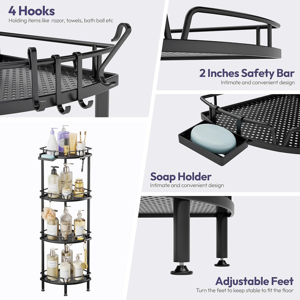 SWTYMIKI Corner Shower Caddy - 4 Tier Bathroom Shelf Organizer With 4 Hooks, Rust Free Standing With Soap Holder, Rack for Inside Bathroom Storage, Black