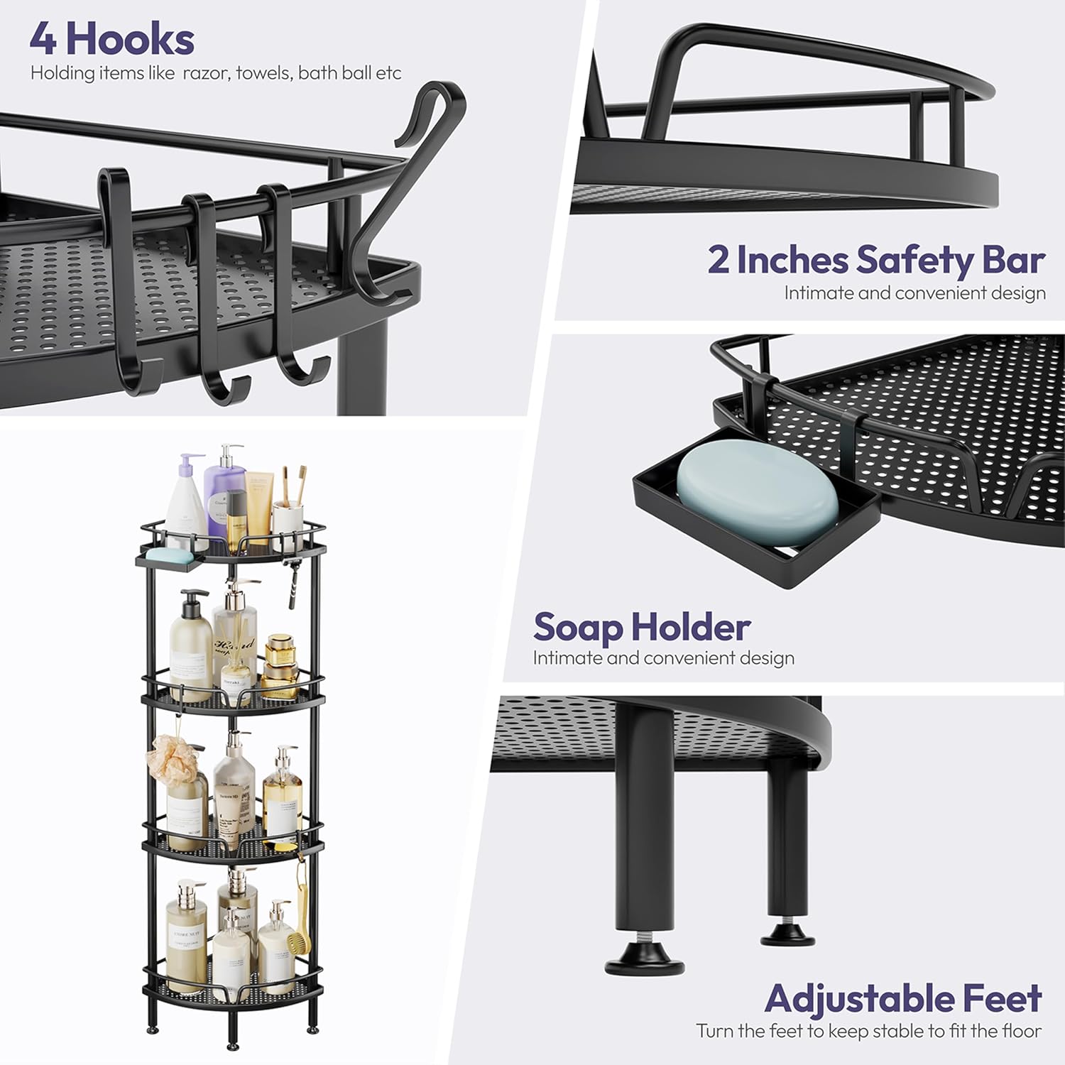 SWTYMIKI Corner Shower Caddy - 4 Tier Bathroom Shelf Organizer With 4 Hooks, Rust Free Standing With Soap Holder, Rack for Inside Bathroom Storage, Black