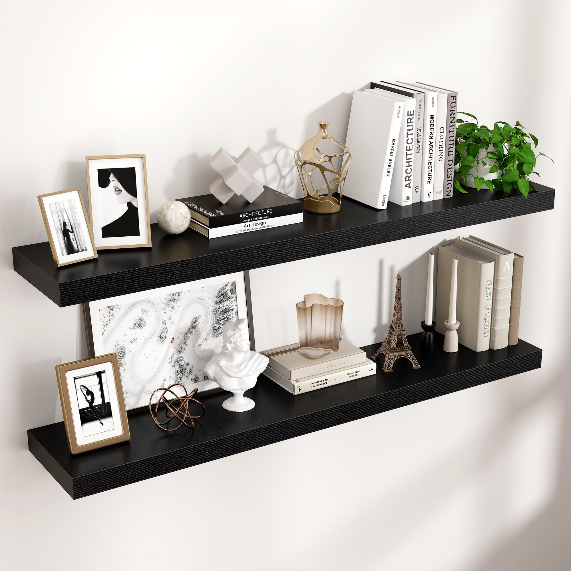 Venusmiles Floating Shelves for Wall 24 inch Long, Engineered Wood Wall Shelves with Invisible Brackets for Living Room Bedroom Bathroom Office Kitchen Decor and Storage, Oak Finish, Set of 2