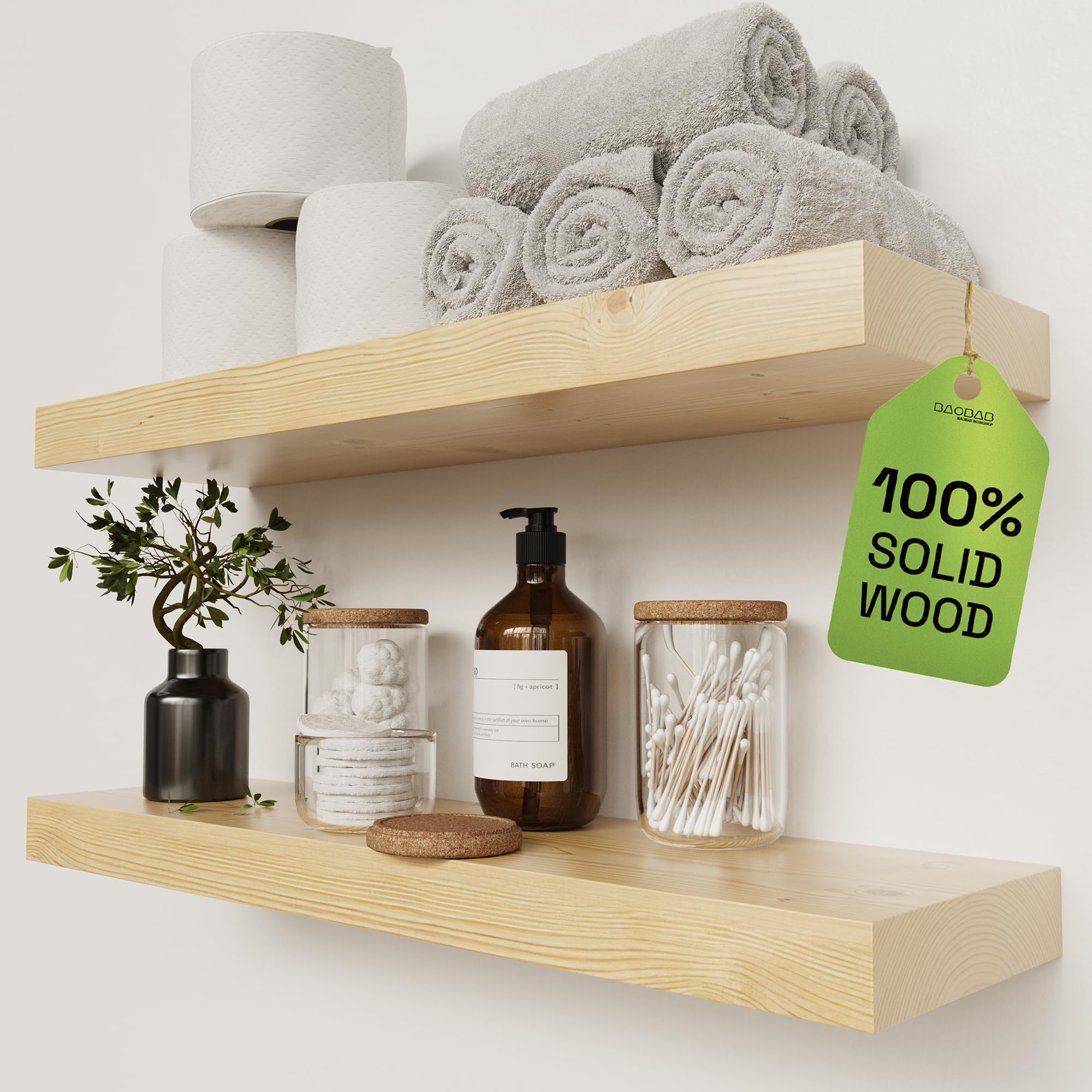 BAOBAB WORKSHOP Wood Floating Shelves for Wall Mounted, 16 inch Walnut Floating Shelf for Bathroom, Solid Wooden Wall Shelves for Kitchen Bedroom Farmhouse, Walnut Finish, 16 x 6.7, Set of 2