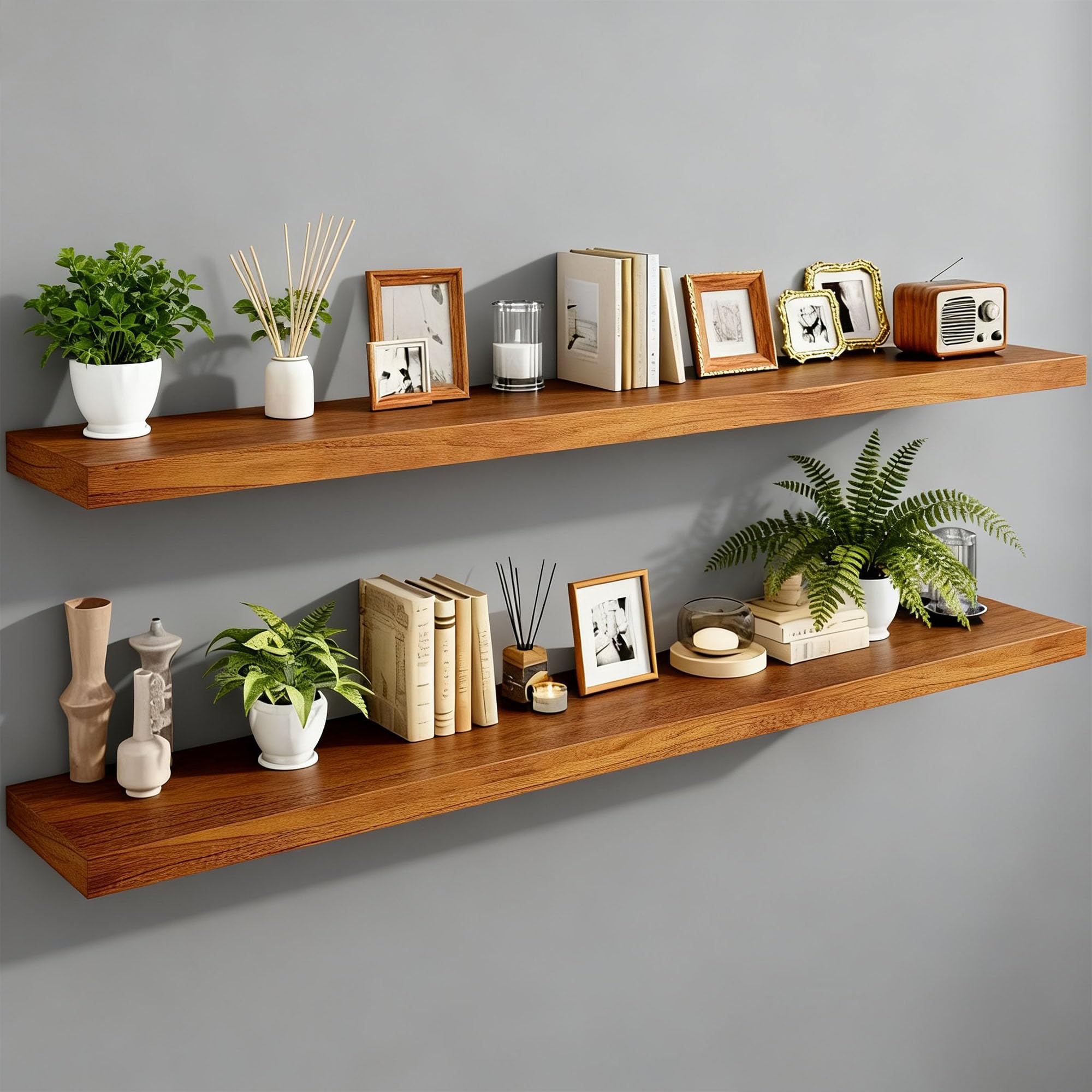IAE Walnut Floating Wall Shelves 16 inch, Bathroom Shelves Wall Mounted,Invisible Shelf Floating Kitchen Shelves,Wooden Wall Shelving with Brackets for Living Room Wall Mounted,Easy Install,Set of 2