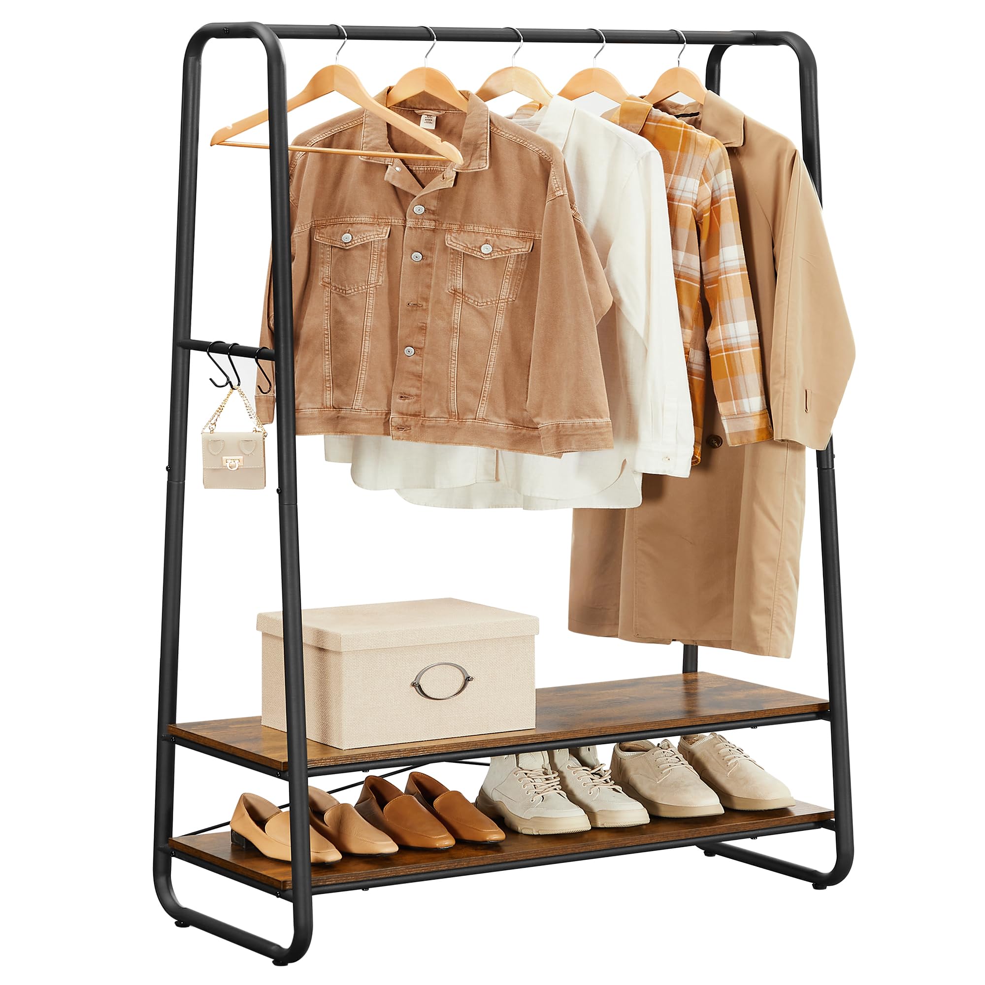 VASAGLE Clothes Rail, Clothes Rack with Shoe Shelf, 5-Tier Storage Rack, 6 Side Hooks, for Bedroom, Living Room, Natural Oak and White RGR116W09