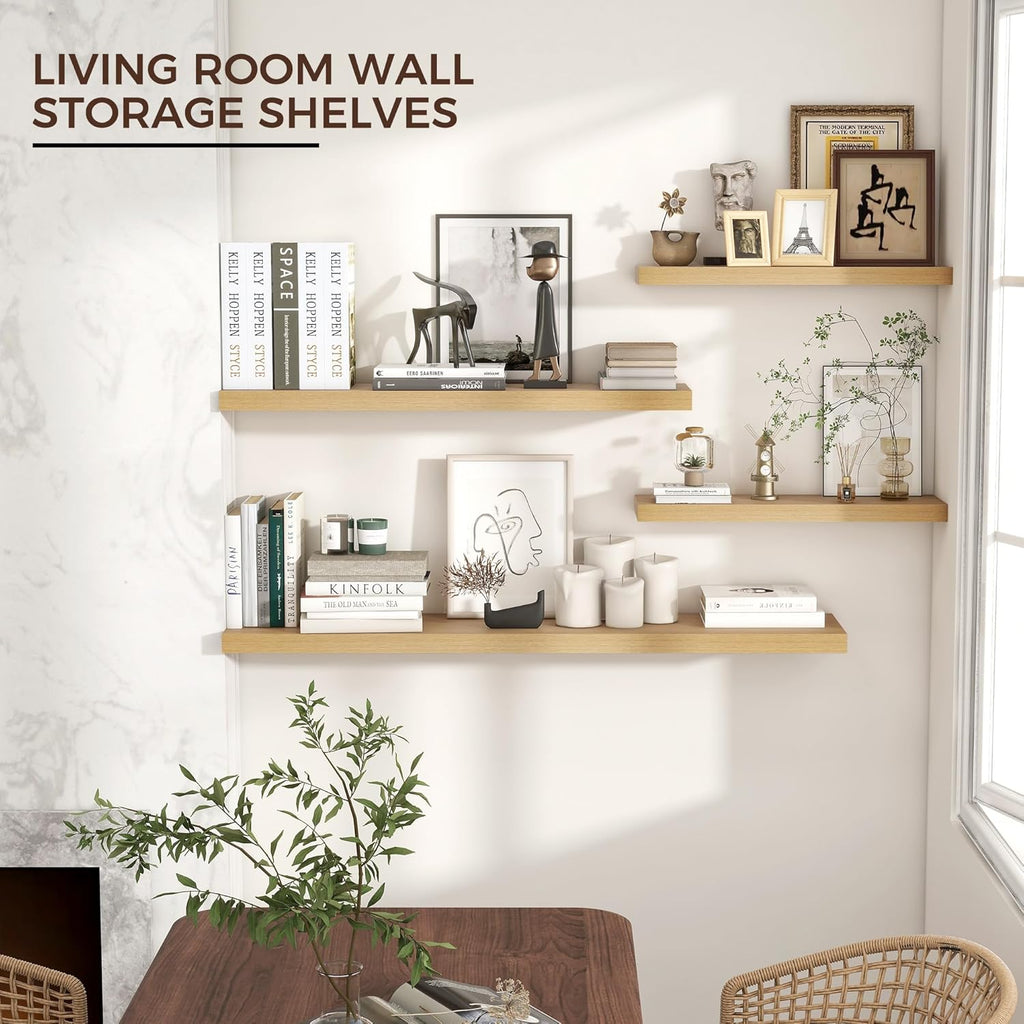 Venusmiles Floating Shelves for Wall 24 inch Long, Engineered Wood Wall Shelves with Invisible Brackets for Living Room Bedroom Bathroom Office Kitchen Decor and Storage, Oak Finish, Set of 2