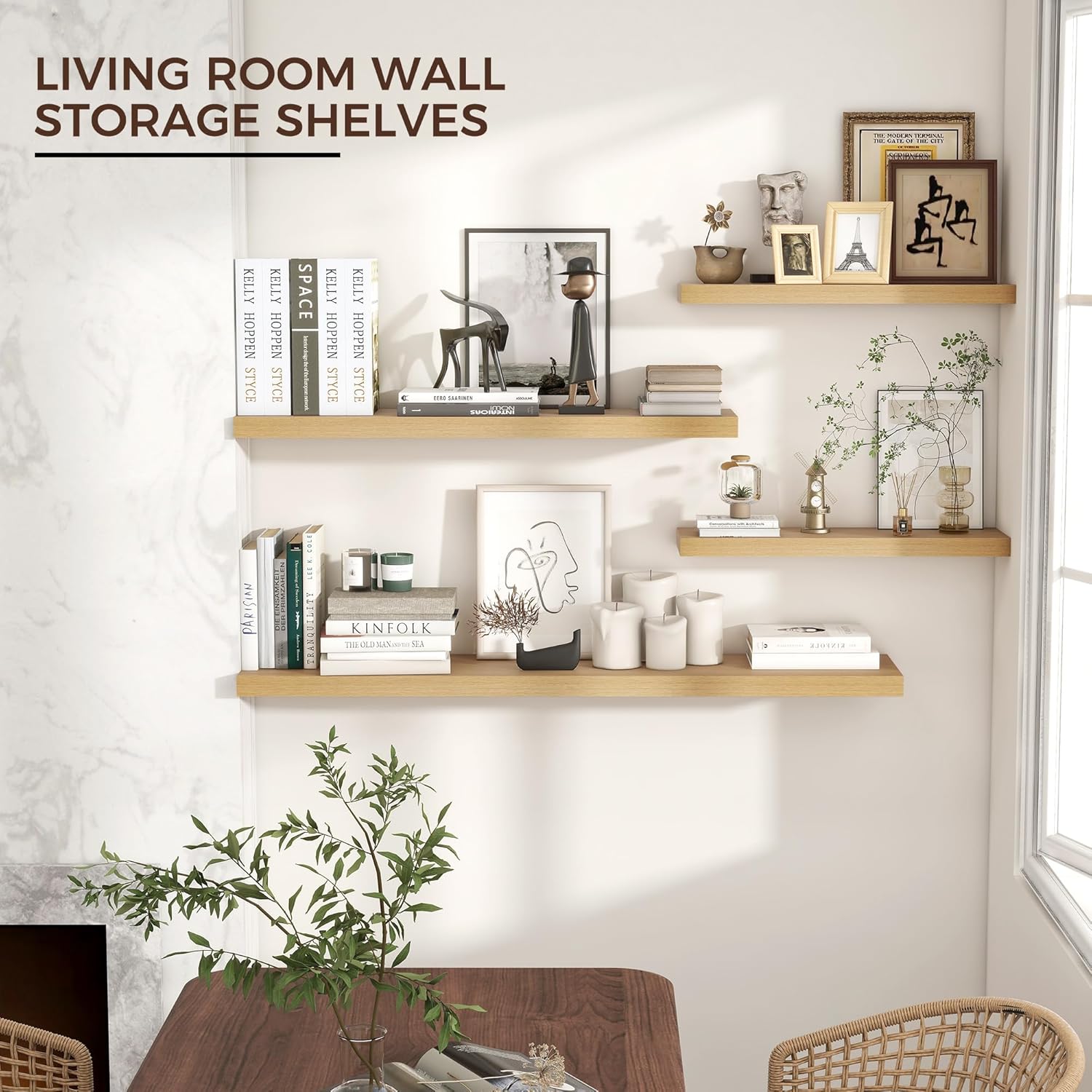 Venusmiles Floating Shelves for Wall 24 inch Long, Engineered Wood Wall Shelves with Invisible Brackets for Living Room Bedroom Bathroom Office Kitchen Decor and Storage, Oak Finish, Set of 2