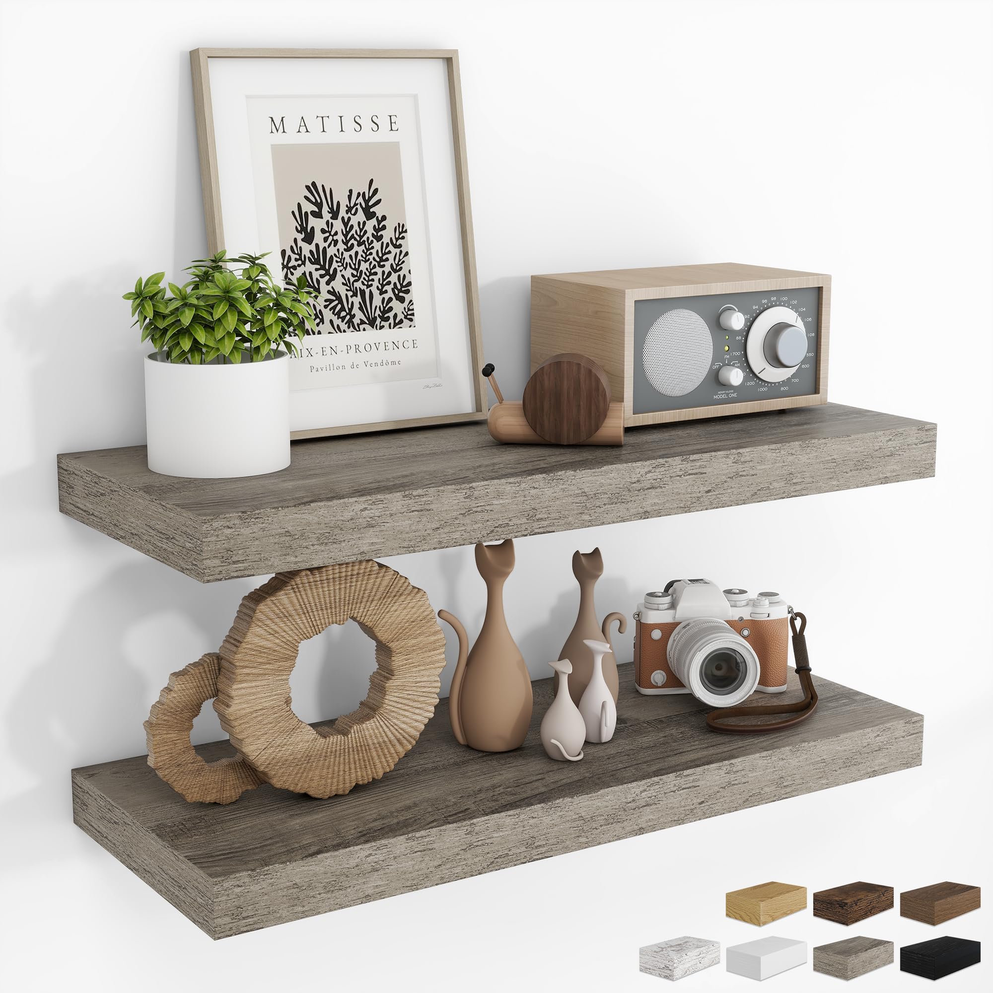 RICHFOCUS 24Inch Floating Shelves for Wall 2 Pack Shelves for Bedroom|Kitchen|Bathroom Wall Mounted Rustic Wood Floating Shelf with Invisible Brackets for Books|Storage|Decor, Oak