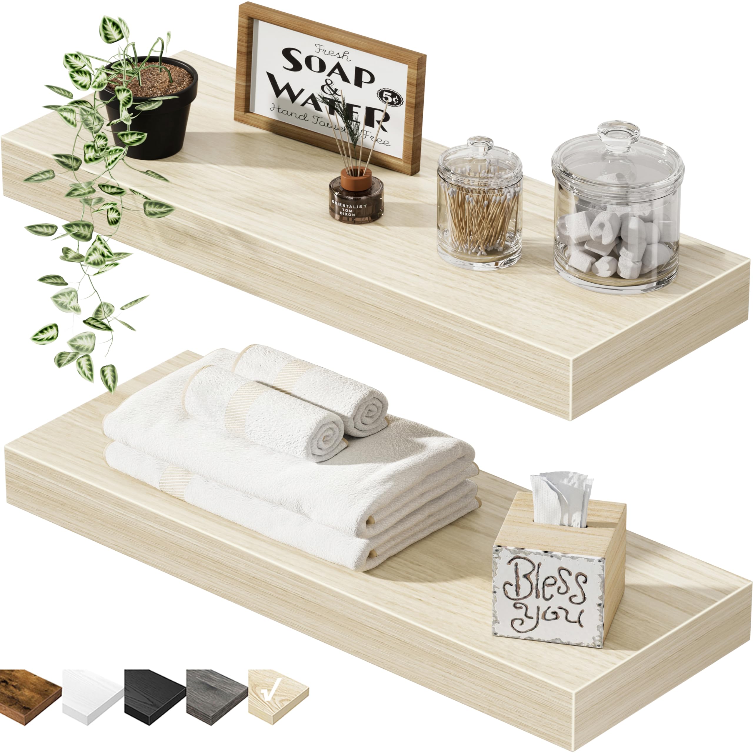 QEEIG Floating Shelves for Wall 23.6" Long - Wall Mounted Shelf Bathroom Kitchen Living Room Bedroom Farmhouse Home Decor Display Bookshelf Set of 2, Rustic Brown (008-60BN)