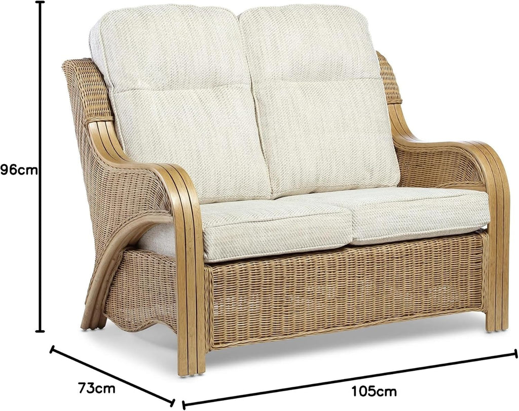 Desser Opera Light Oak Rattan Conservatory Sofa – Cane 2 Seater Sofa with Jasper Fabric Cushions – Indoor Real Wicker Settee with UK Made Cushions - H105cm x W126cm x D96cm