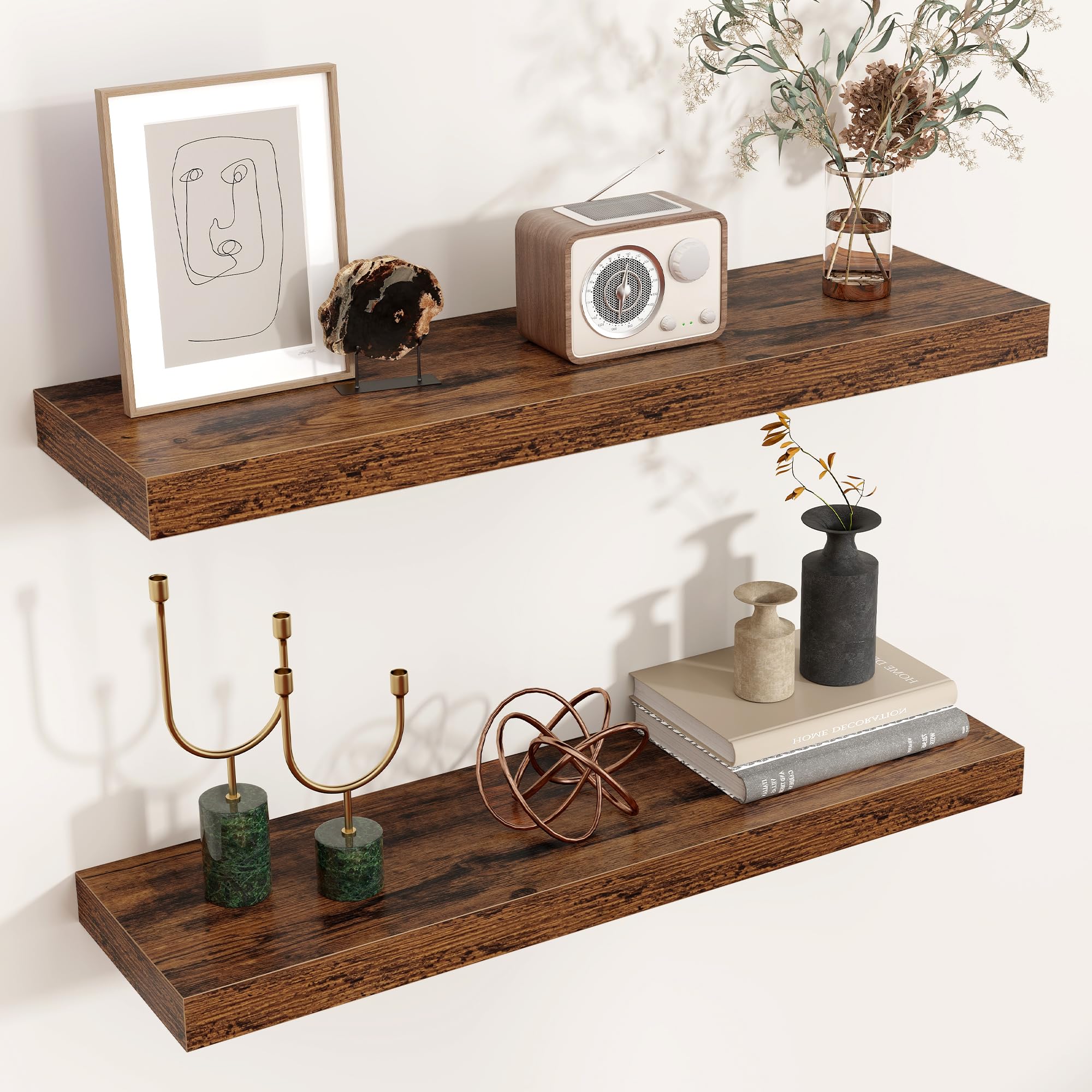 Venusmiles Floating Shelves for Wall 24 inch Long, Engineered Wood Wall Shelves with Invisible Brackets for Living Room Bedroom Bathroom Office Kitchen Decor and Storage, Oak Finish, Set of 2