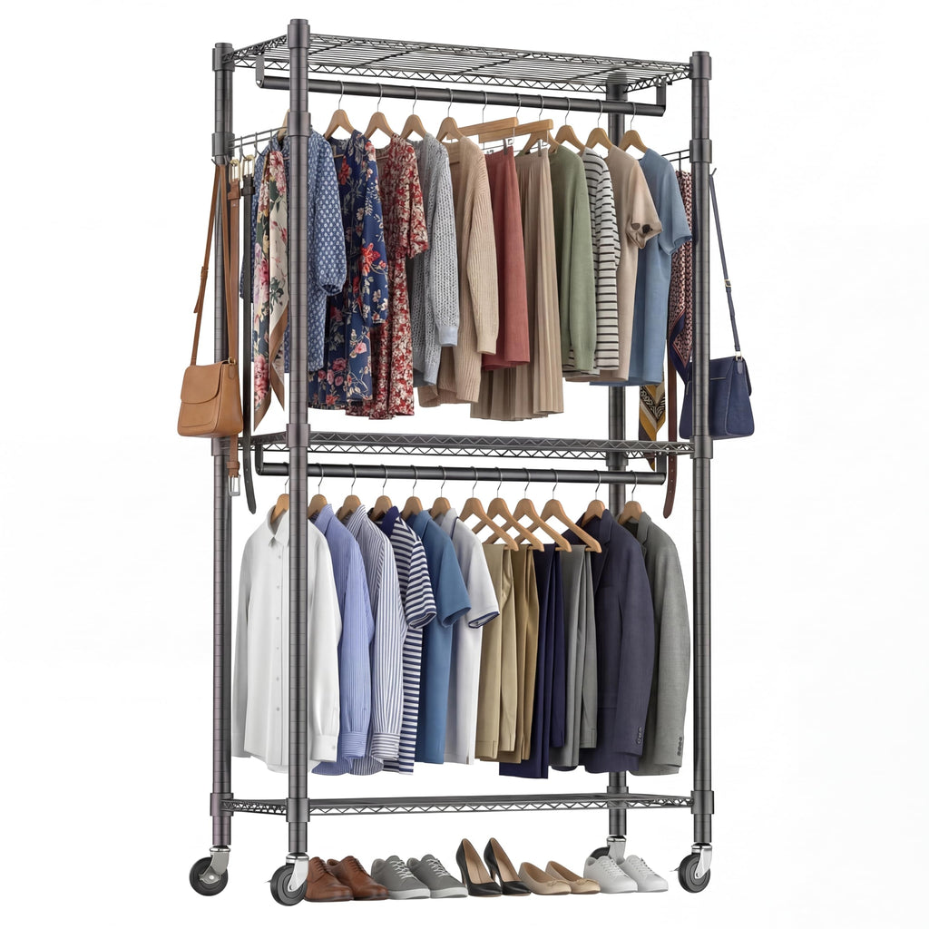 Himimi Double Rod Garment Rack/Clothes Rail with Height-Adjustable Shelves, Heavy Duty Clothes Rack with 2 Hooks, Clothes Rails with Wheels, 90 * 42 * 205cm, Black