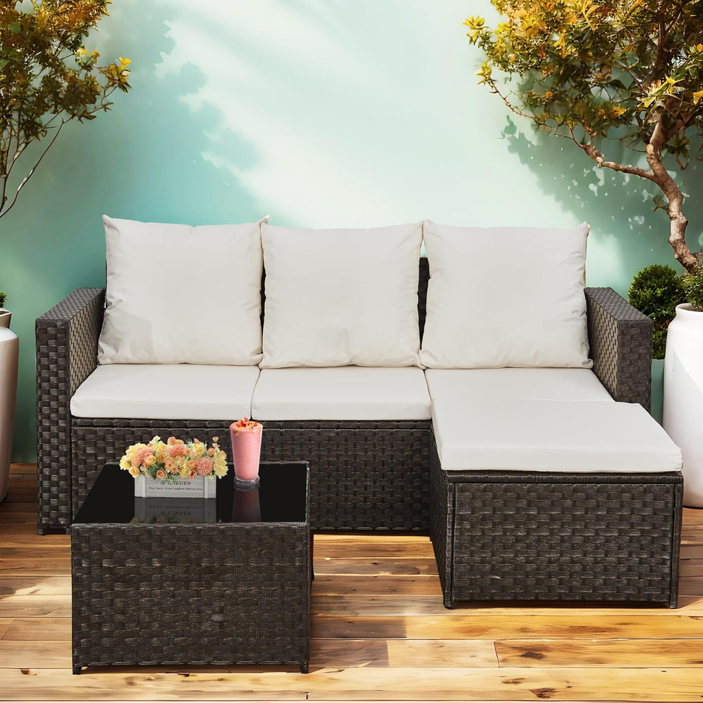 3-Piece Rattan Garden Furniture Set, Outdoor Sectional Sofa with Coffee Table, Black Wicker, White Cushions