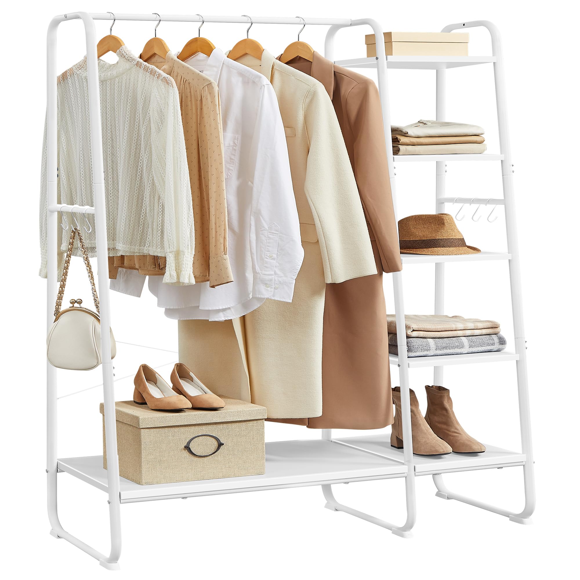 VASAGLE Clothes Rail, Clothes Rack with Shoe Shelf, 5-Tier Storage Rack, 6 Side Hooks, for Bedroom, Living Room, Natural Oak and White RGR116W09