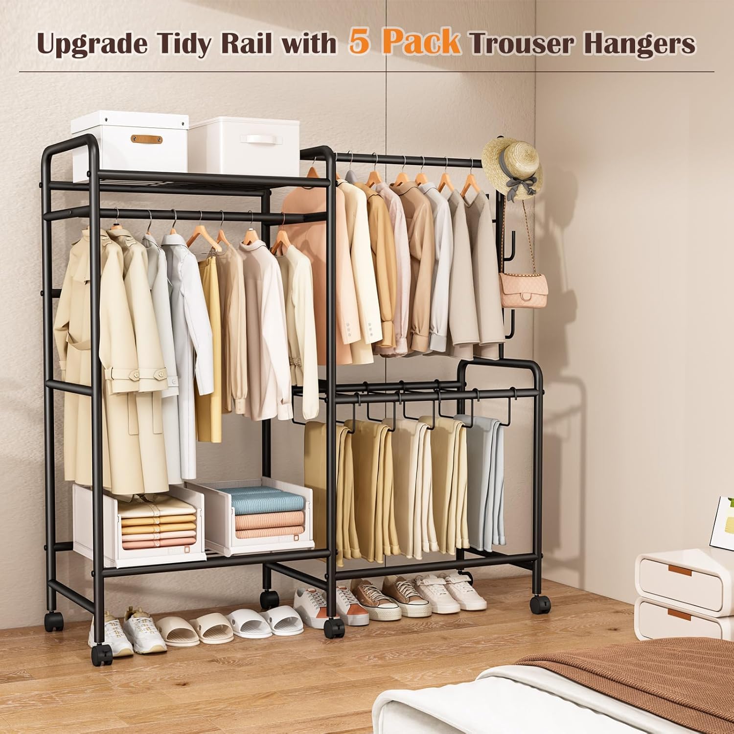 Heavy Duty Clothes Rail with Wheels, 125KG Metal Clothing Rack with Trouser Rack, Top Shelf, 4 Hooks & 5 Trouser Hangers, Sturdy Wardrobe Clothes Rail for Bedroom Hallway Shop, Black