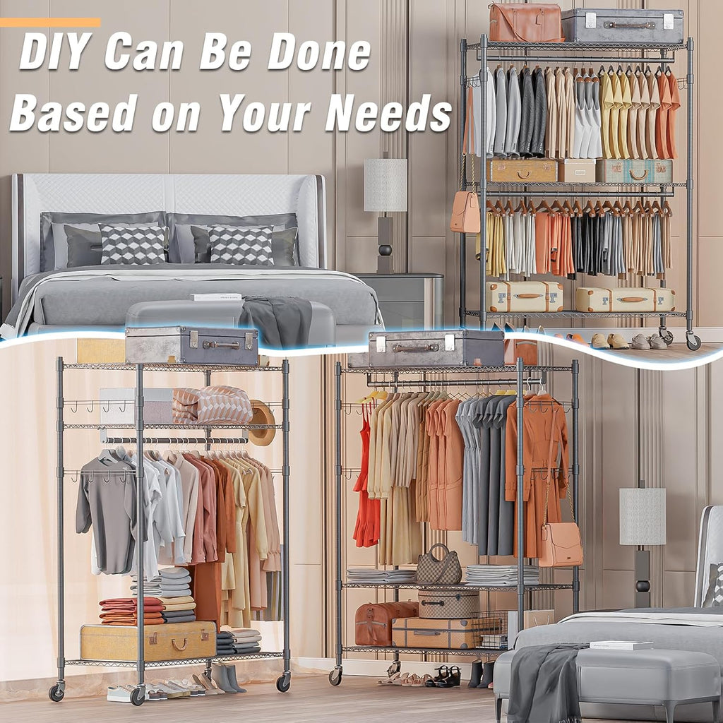 Himimi Double Rod Garment Rack/3 tier Clothes Rail with Height-Adjustable Shelves, Heavy Duty Clothes Rack with 2 Hooks, Clothes Rails with Wheels, 90 * 42 * 205cm, Grey