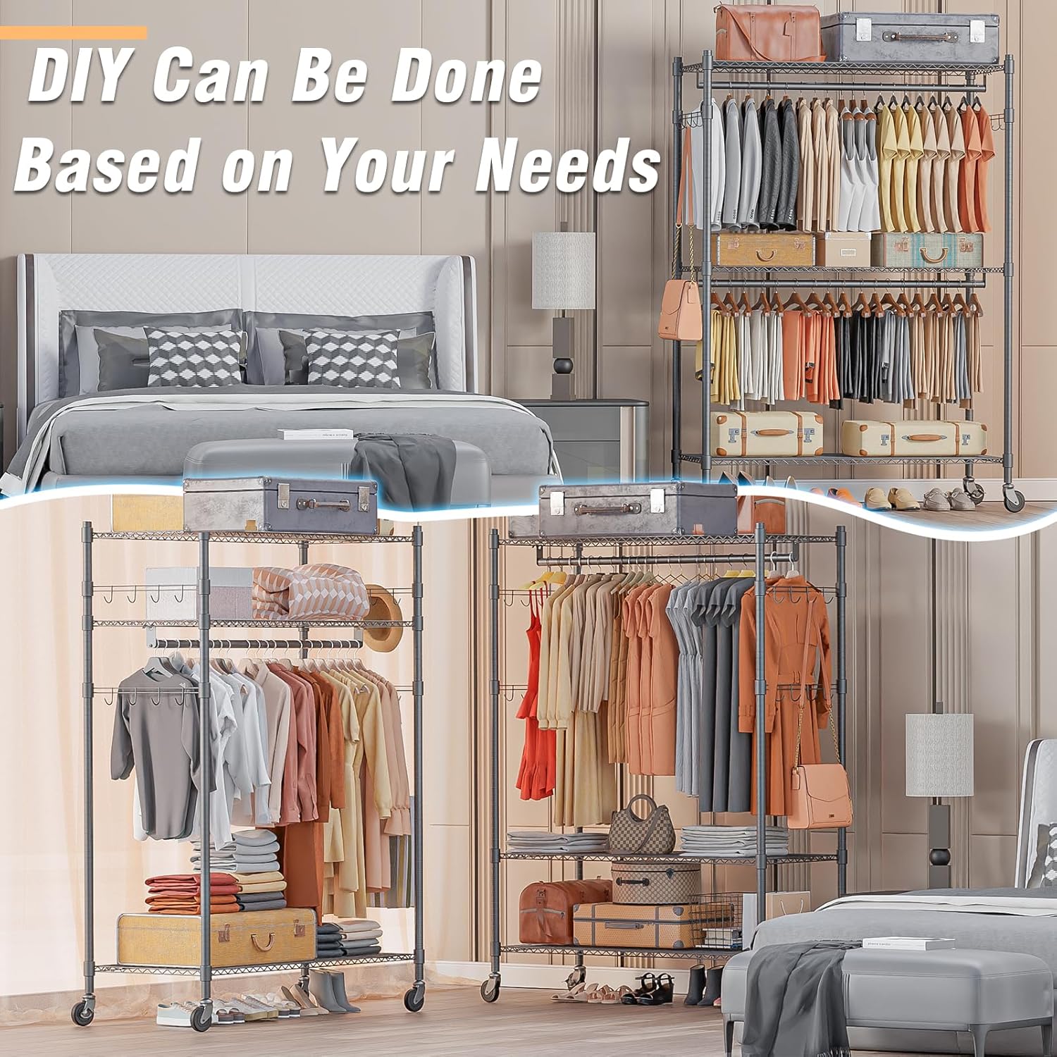Himimi Double Rod Garment Rack/3 tier Clothes Rail with Height-Adjustable Shelves, Heavy Duty Clothes Rack with 2 Hooks, Clothes Rails with Wheels, 90 * 42 * 205cm, Grey