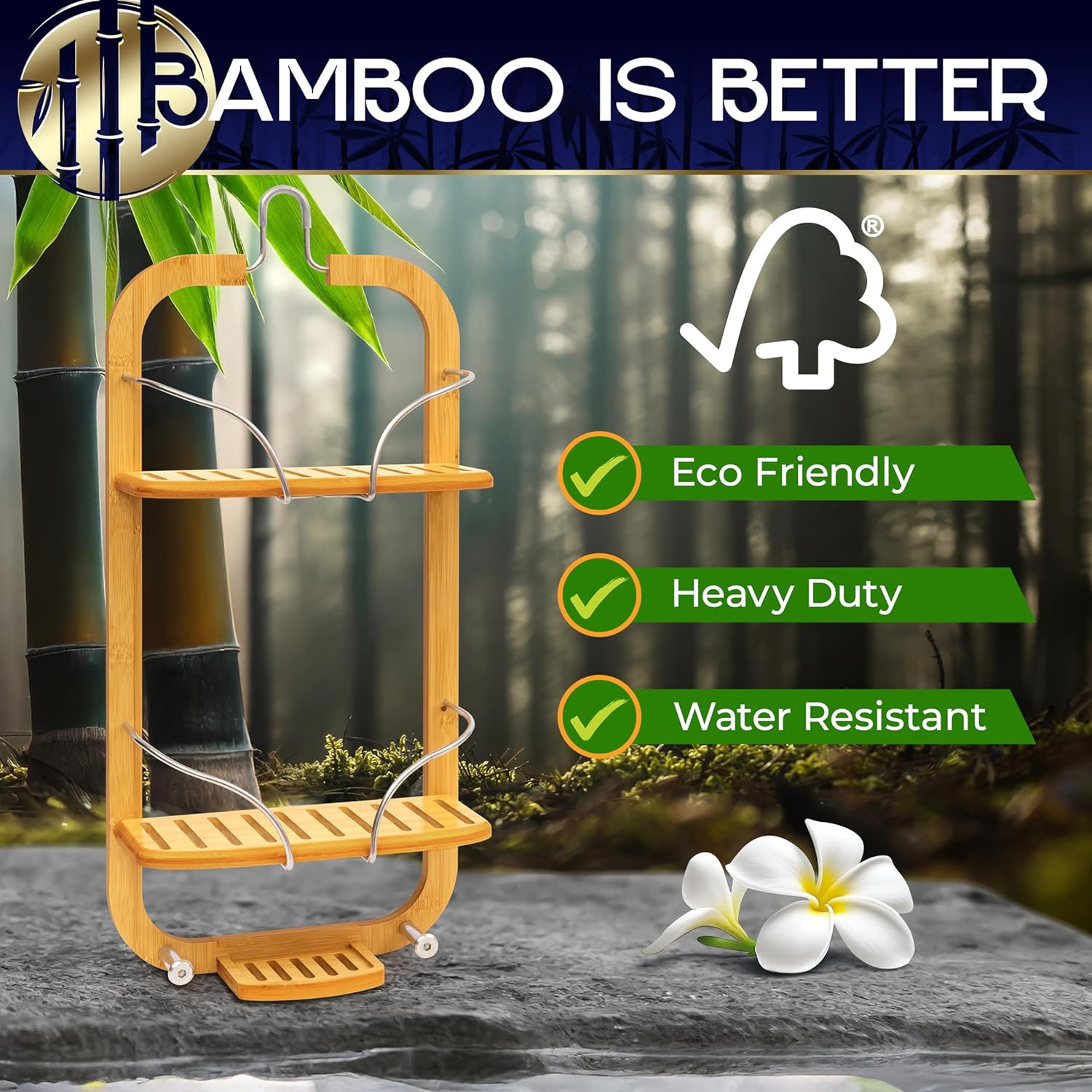 SereneLife Bamboo Hanging Shower Caddy with 3 Tiers, Anti-Slip Design, Bathroom Storage Organizer for Shampoo, Soaps, and Essentials - Space-Saving and Easy to Clean