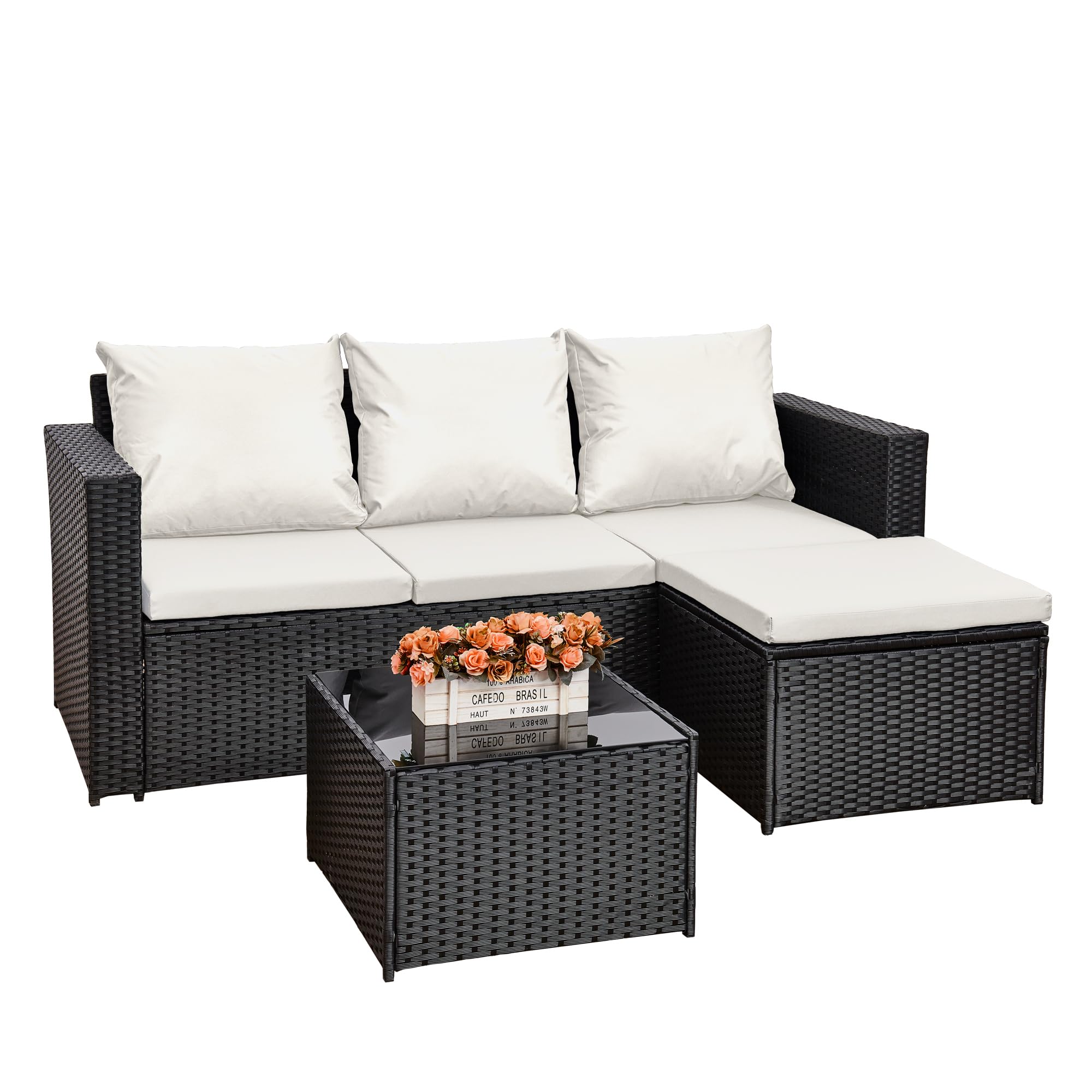 3-Piece Rattan Garden Furniture Set, Outdoor Sectional Sofa with Coffee Table, Black Wicker, White Cushions