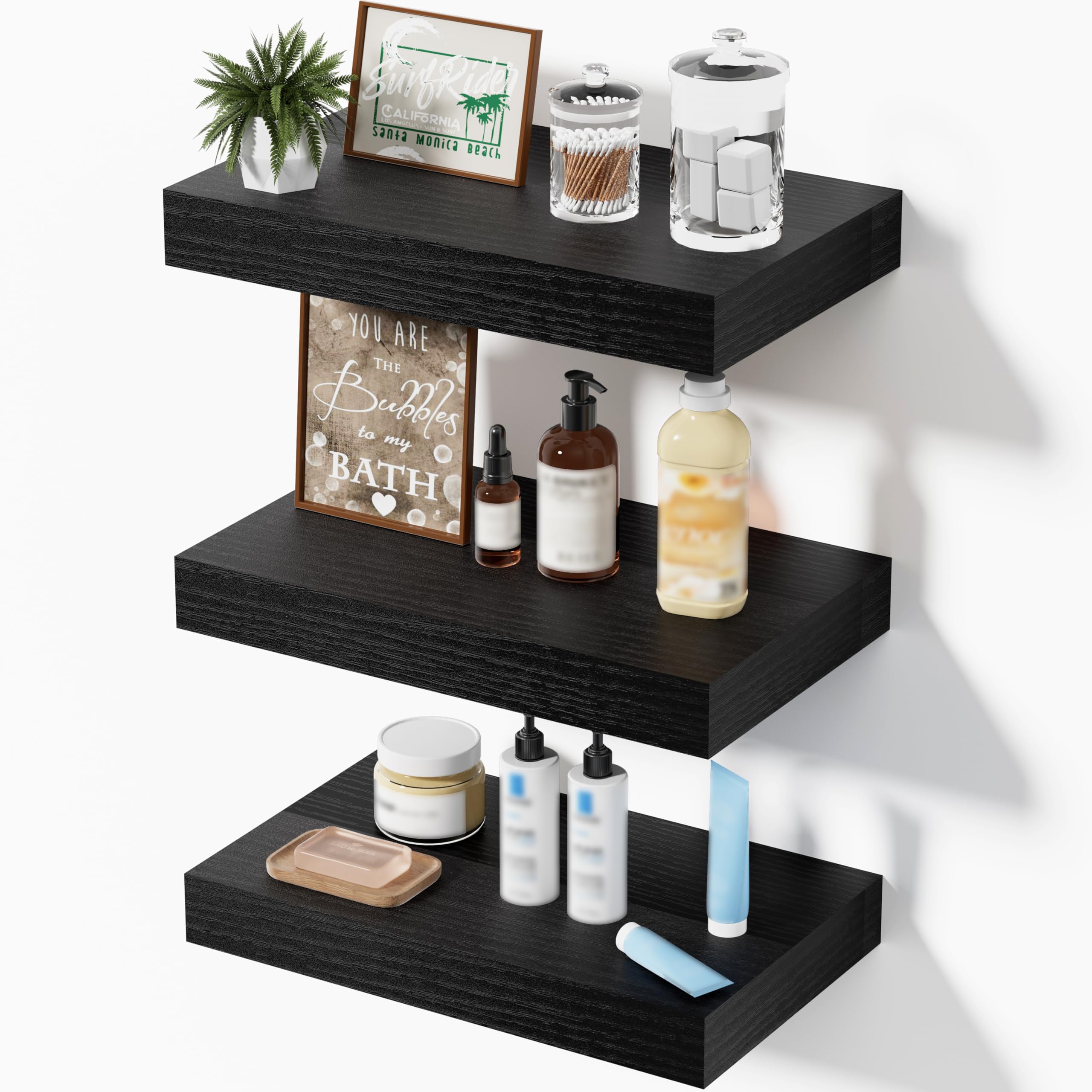 Oak Floating Shelves for Bathroom & Living Room Decor, 24 Inch Rustic Wood Wall Mounted Shelves for Plants, Books, Towels & Storage Display, Set of 2