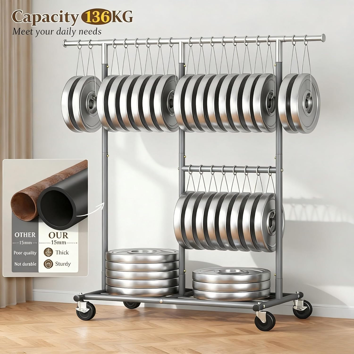 REIBII Double Rod Clothes Rail with Lockable Wheels & Adjustable Shelf – 136kg Heavy Duty Hanging Rack for Clothes– Telescopic Extends to 175cm – Space-Saving Storage for Bedroom, University Dorm