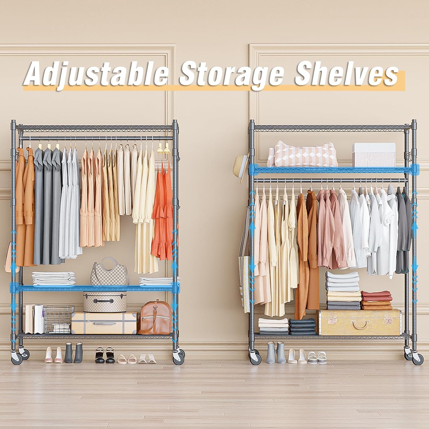 Himimi Double Rod Garment Rack/3 tier Clothes Rail with Height-Adjustable Shelves, Heavy Duty Clothes Rack with 2 Hooks, Clothes Rails with Wheels, 90 * 42 * 205cm, Grey