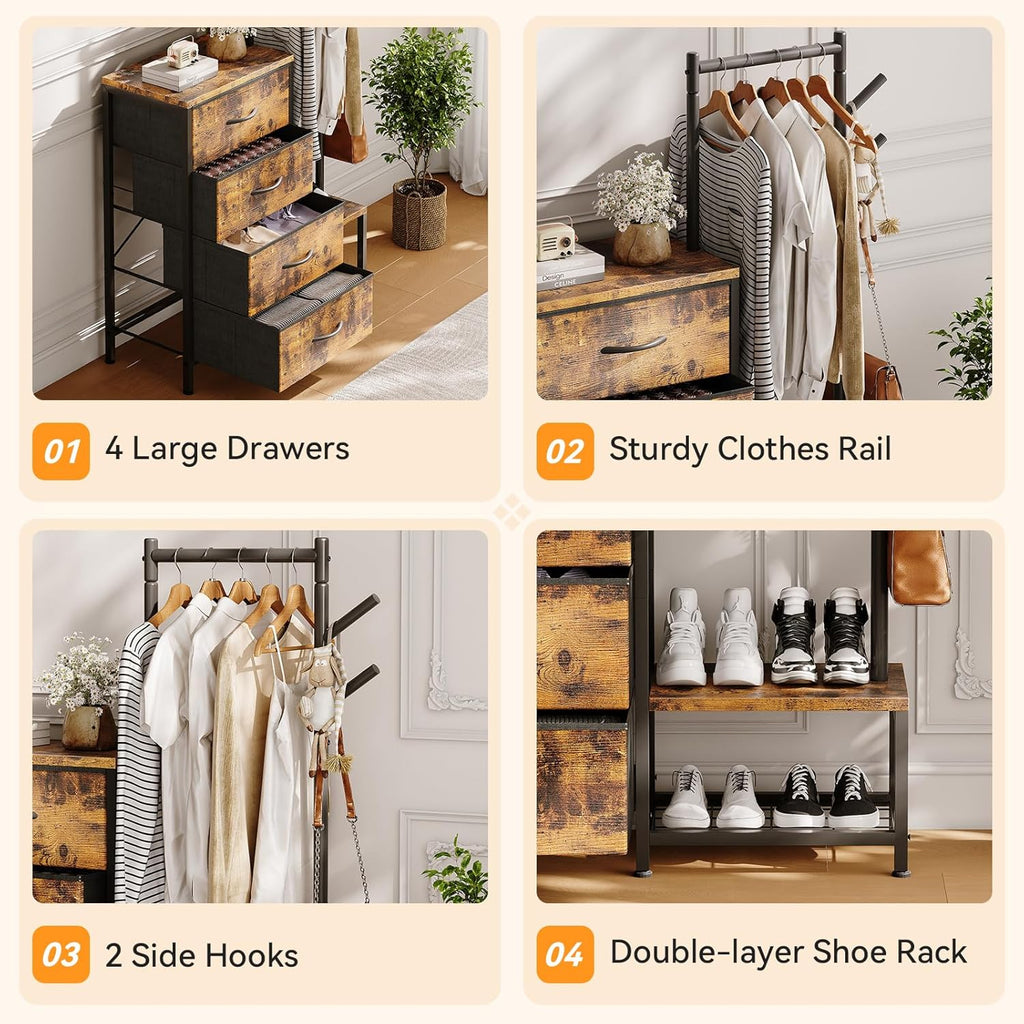 ODK 3 in 1 Chest of Drawers Bedroom, Including 4 Fabric Drawers, with a Sturdy Clothes Rail and 2 Coat Hooks, Double-layer Shoe Rack at the Bottom, Suitable for Bedroom and Entryway, Retro color