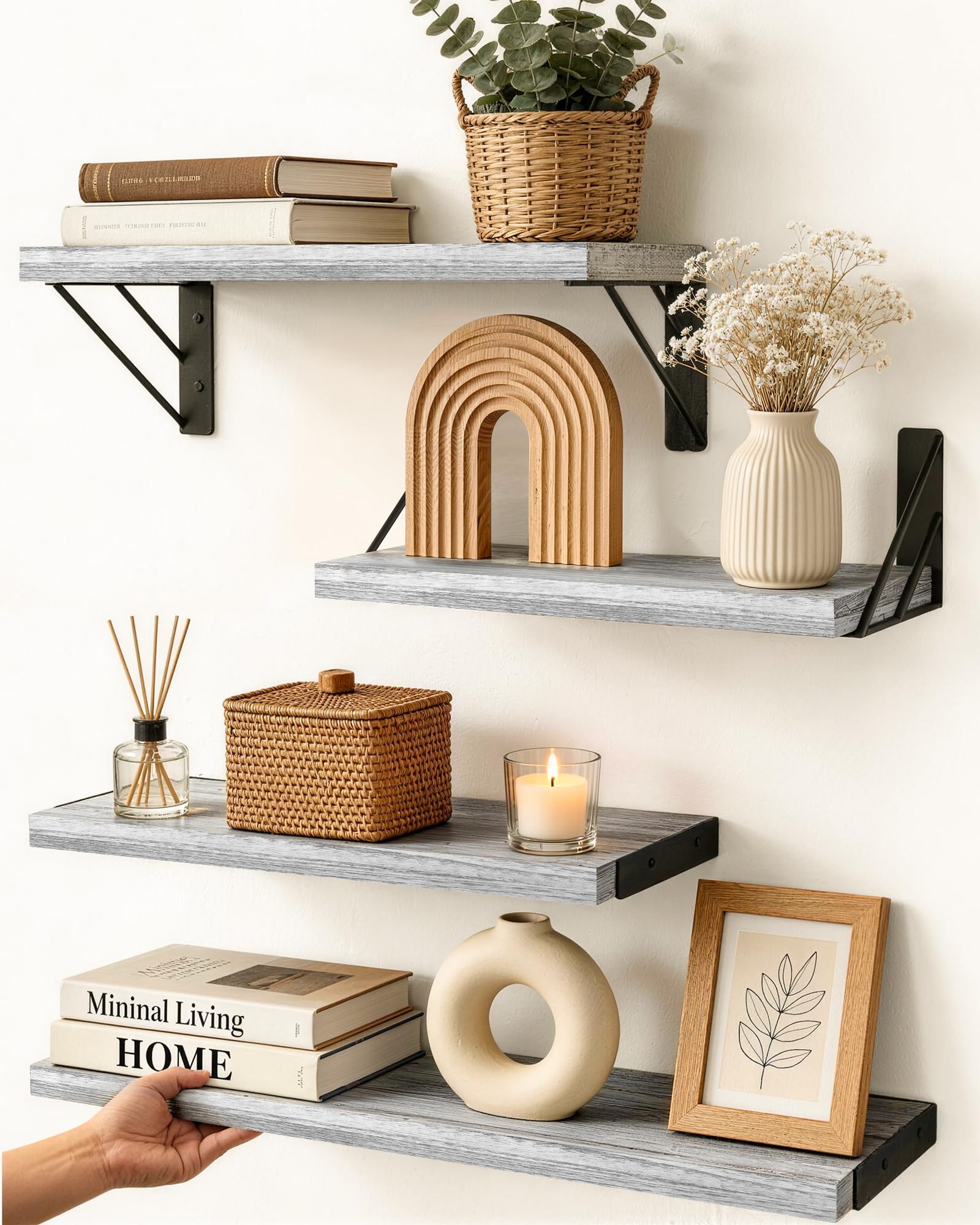 23in Rustic Brown Floating Shelves, Set of 4 Wall Mount Wood Shelves for Bedroom Bathroom Kitchen