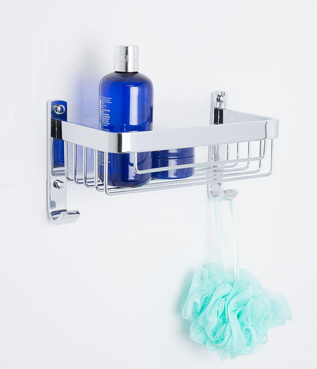 Croydex Aluminium Large Shower Caddy - Bathroom Storage Solution, Wall-Mounted Basket with Hooks, Chrome Bathroom Accessory, Rust-Free, Includes Wall Plugs & Screws, 5kg Load