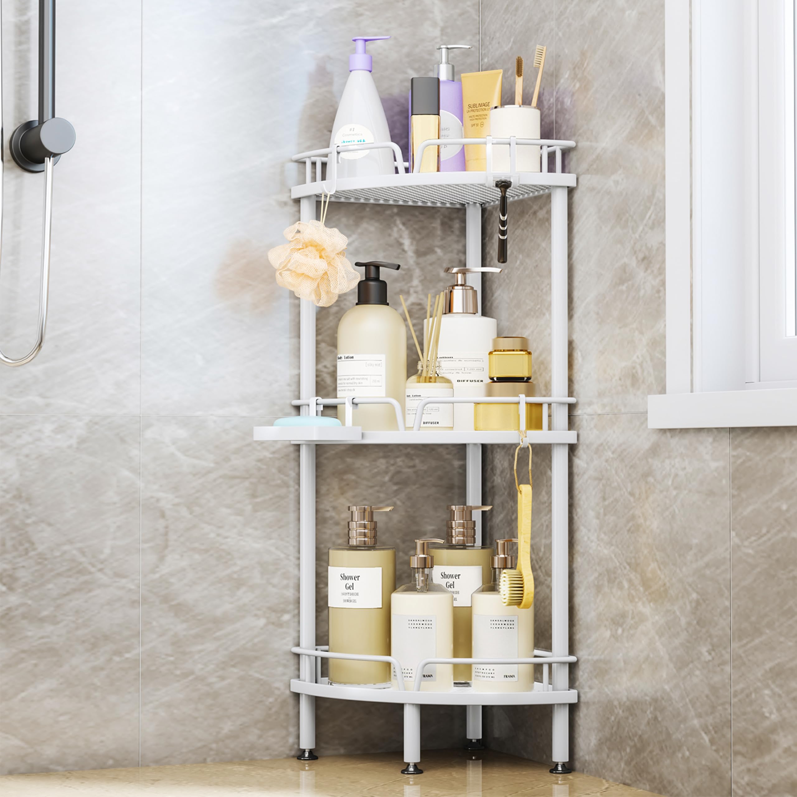 SWTYMIKI Corner Shower Caddy - 4 Tier Bathroom Shelf Organizer With 4 Hooks, Rust Free Standing With Soap Holder, Rack for Inside Bathroom Storage, Black