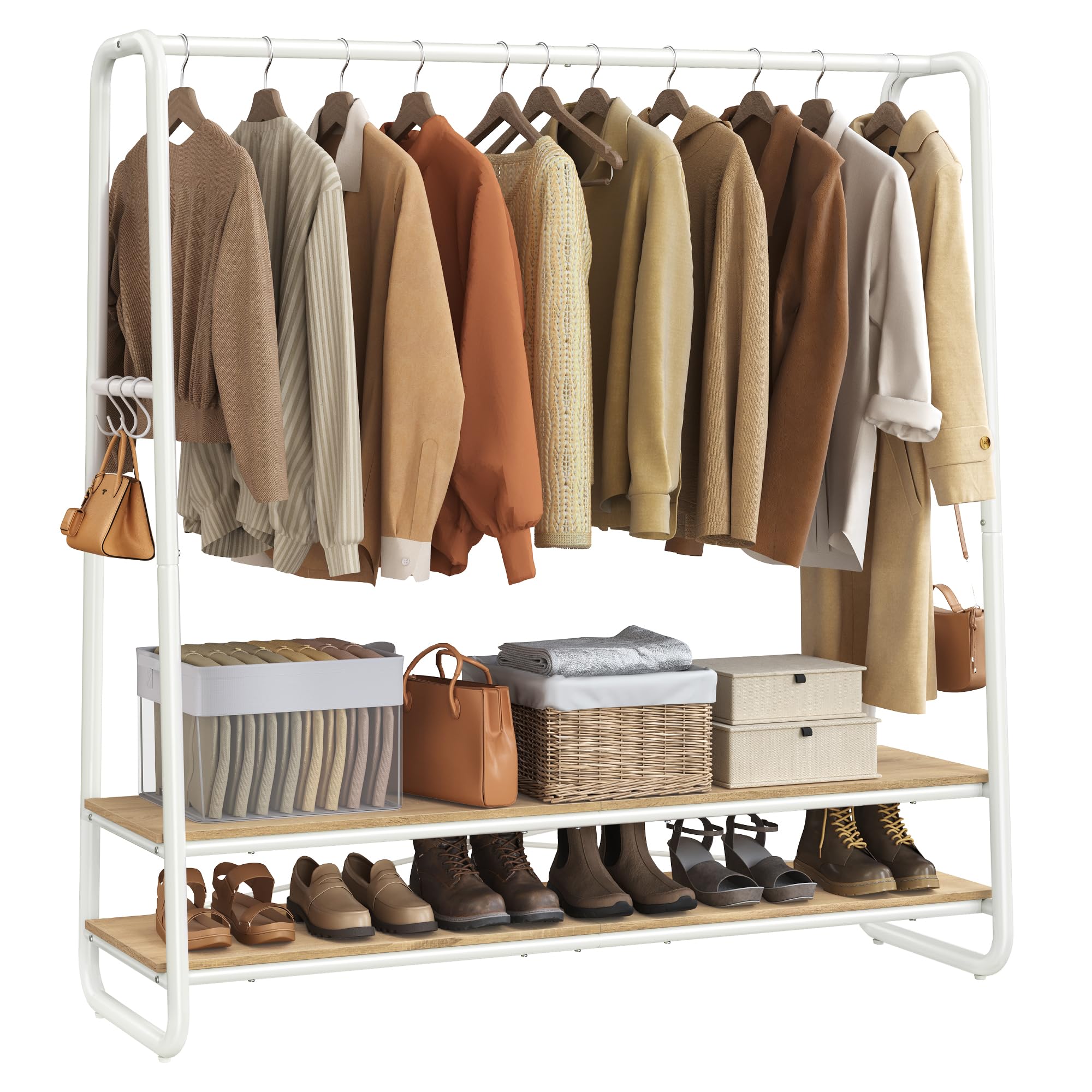 VASAGLE Clothes Rail, Clothes Rack with Shoe Shelf, 5-Tier Storage Rack, 6 Side Hooks, for Bedroom, Living Room, Natural Oak and White RGR116W09