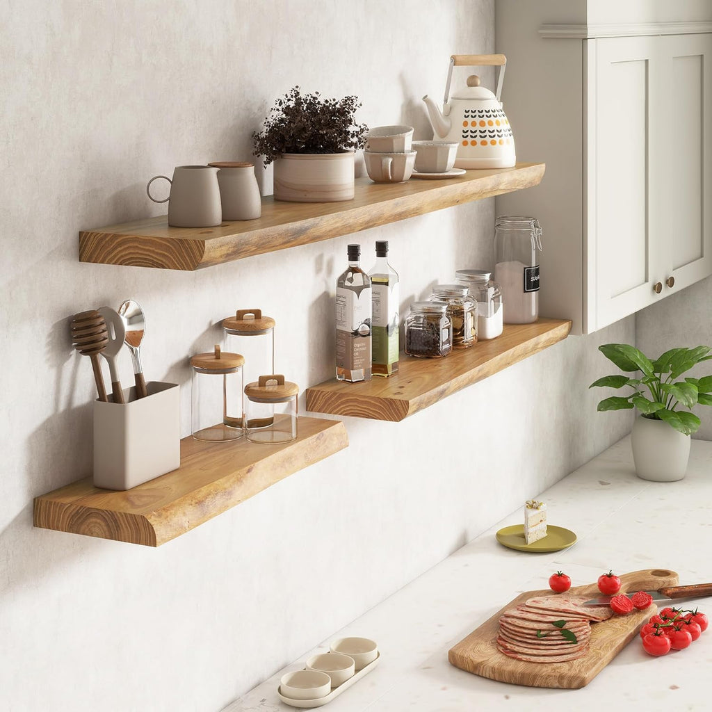 Live Edge Floating Shelves for Wall Decor, Solid Elm Wood Floating Shelves Wall Mounted, Rustic Wall Shelves with Invisible Bracket for Living Room Bathroom Bedroom Kitchen, 24 Inch Set of 2, Natural
