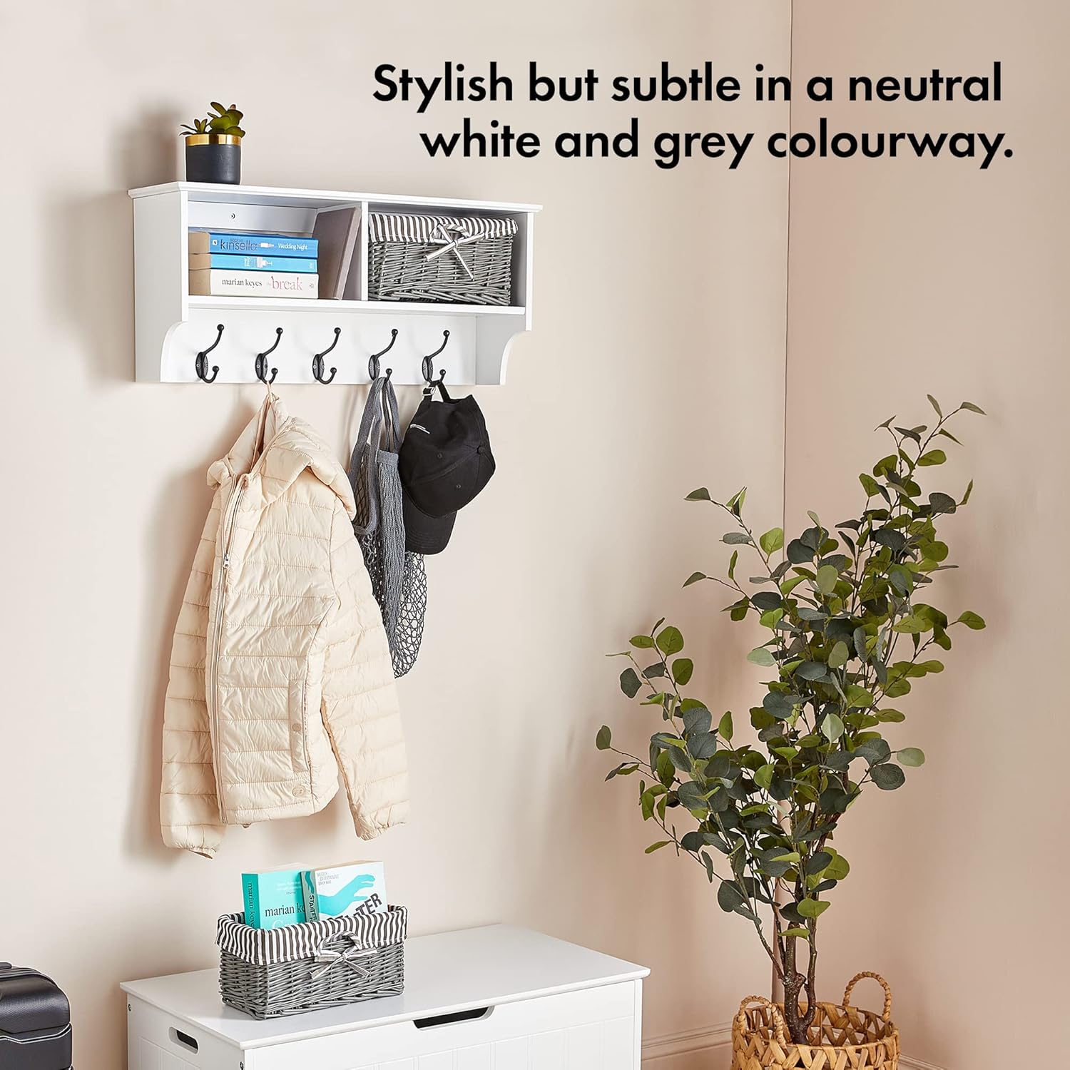 VonHaus Coat Hooks Wall Mounted - White Coat Rack Shelf w/ 2 Grey Wicker Storage Baskets & 5 Strong Double Clothes Hooks - Hallway Organiser w/Shelving for Hall & Entryway - for Scarves, Bags
