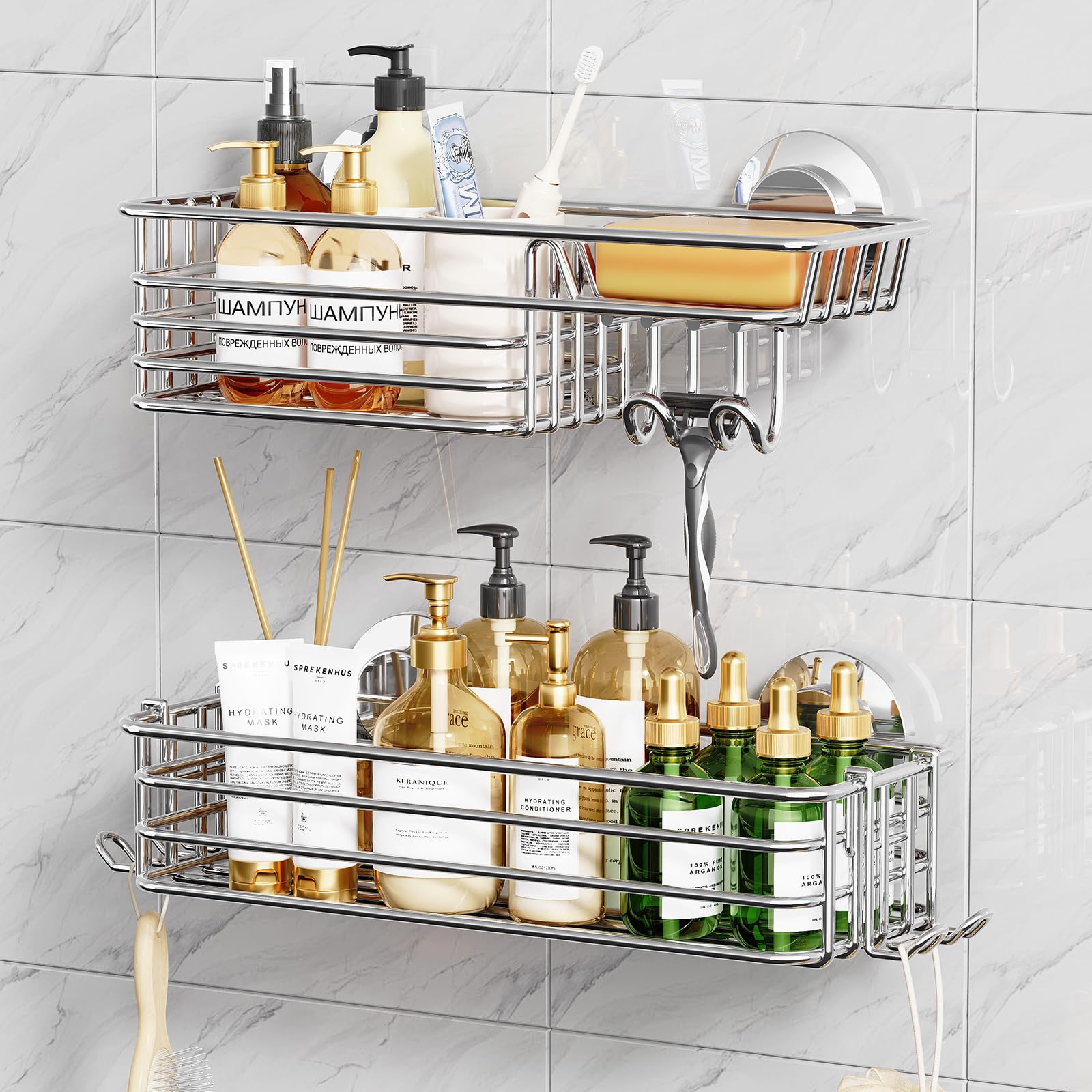 TAILI 2 Pack Rustproof Suction Shower Caddy, Stainless Steel Suction Cup Shower Caddy Bathroom Shelves No Drilling Heavy Duty Holder Removable Powerful Bathroom for Shampoo Toiletries Kitchen, Black