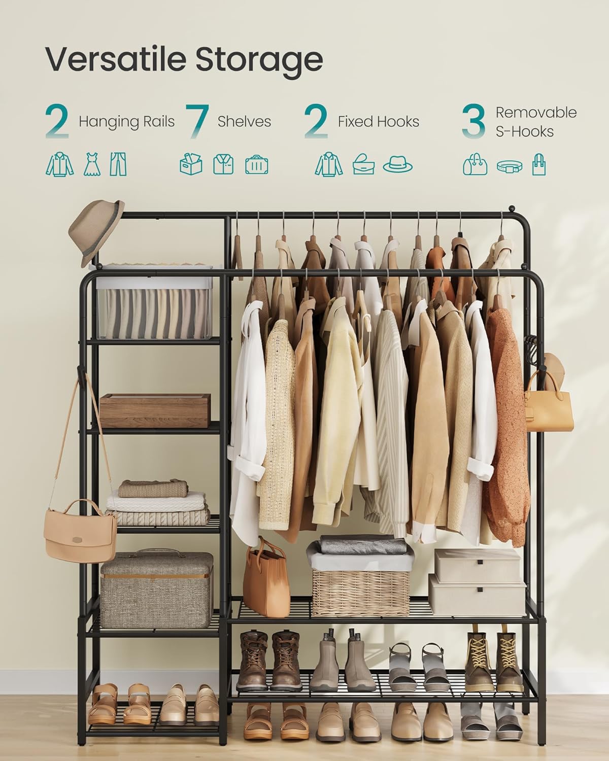 SONGMICS Clothes Rail, Heavy Duty Clothes Rack with 7 Storage Shelves, Double Hanging Rods, Metal Coat Rack, Open Wardrobe for Bedroom, Living Room, Hallway, Black HSR182B01