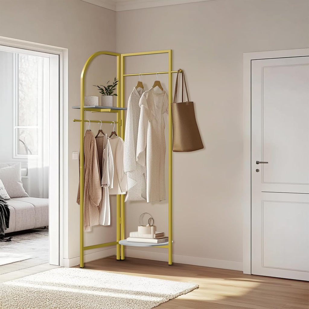 unho Gold Corner Coat Stand with Shelves, Adjustable 90°- 180° Folding Metal Clothes Rack with Hooks & Marble Shelves for Hallway Bedroom Living Room