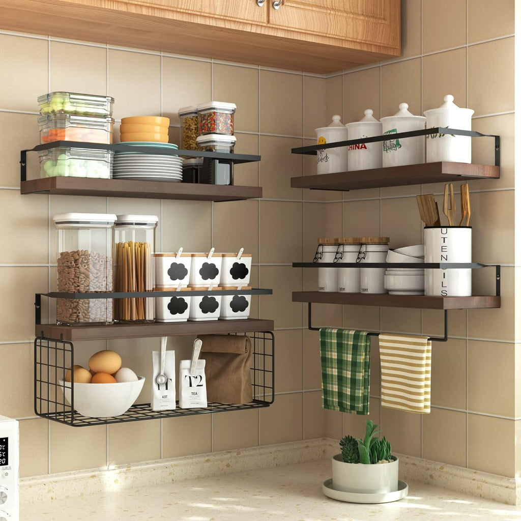 Wood Floating Shelves Wall Mounted - 4+1 Tier Rustic Bathroom Wall Shelves Over Toilet with Wire Storage Basket and Towel Bar, Set of 4 Farmhouse Floating Shelf for Bathroom, Kitchen, Bedroom.