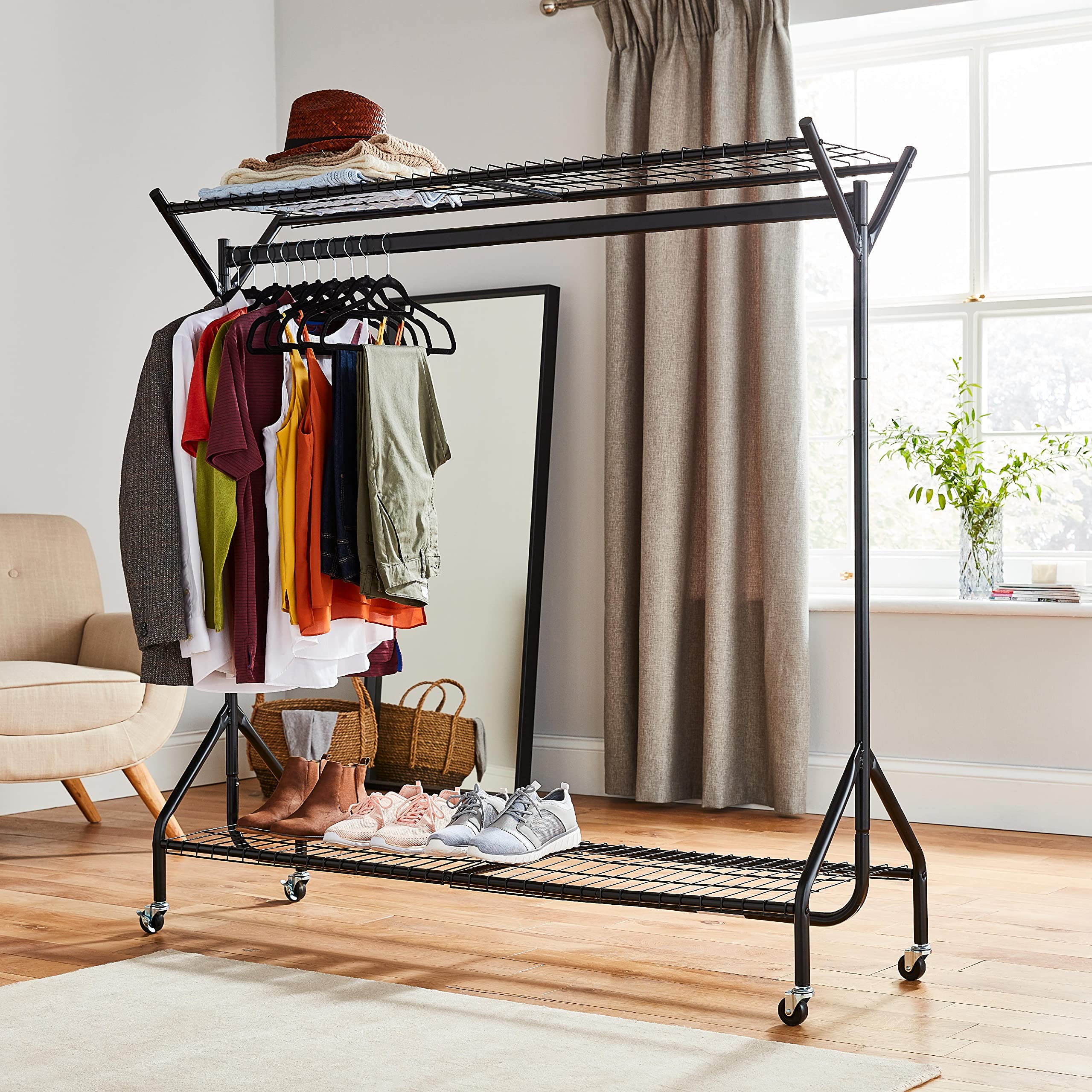 House of Home Clothes Rail Heavy Duty with Wheels Metal Wardrobe Rails For Hanging Clothing & Double Rack Shelves Storage & Organiser for Shirts, Coats, Hat & Shoes 6ft x 5ft Portable Black
