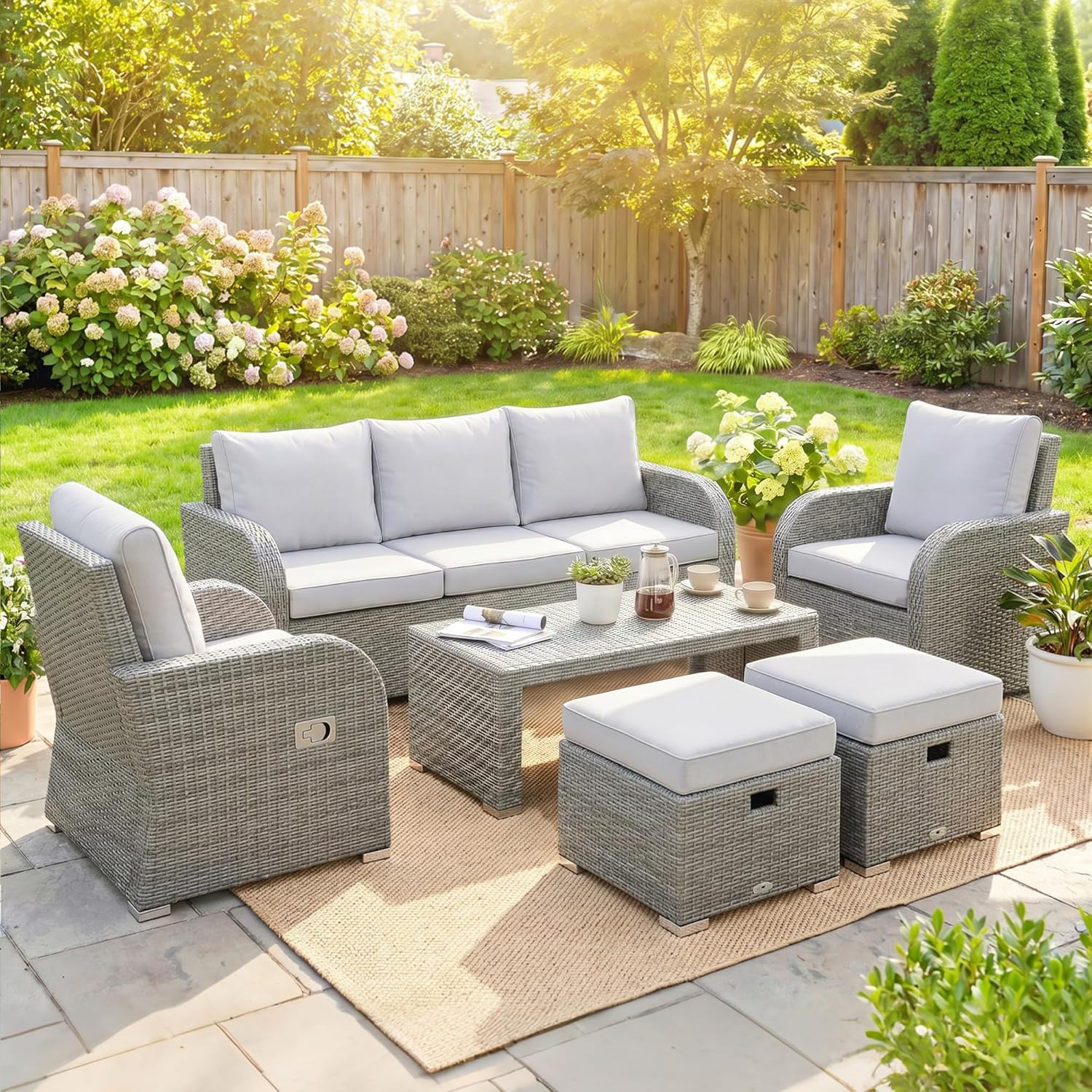 Outsunny 7 Seater Rattan Garden Furniture Set, 2 Reclining Chairs, 3 Seater Sofa, Coffee Table, Footstools, Space-Saving 6 Piece Outdoor Patio Furniture Conversation Set with Cushions, Light Grey