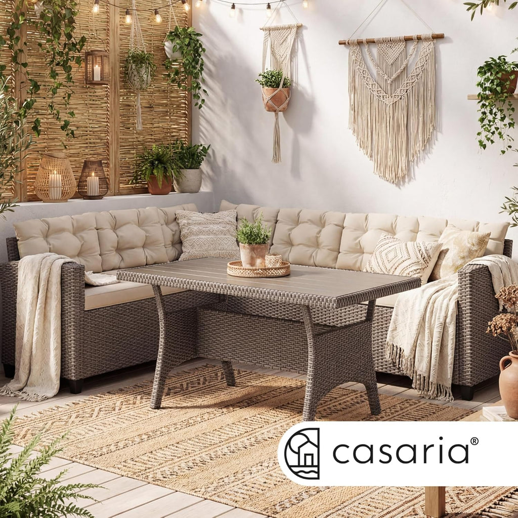 CASARIA® Lisbon Polyrattan Garden Corner Lounge Dining Table Set | Bench WPC Table Top 7cm Thick Seat Cushions | Weatherproof Outdoor Patio Seating Group Garden Furniture | Cream