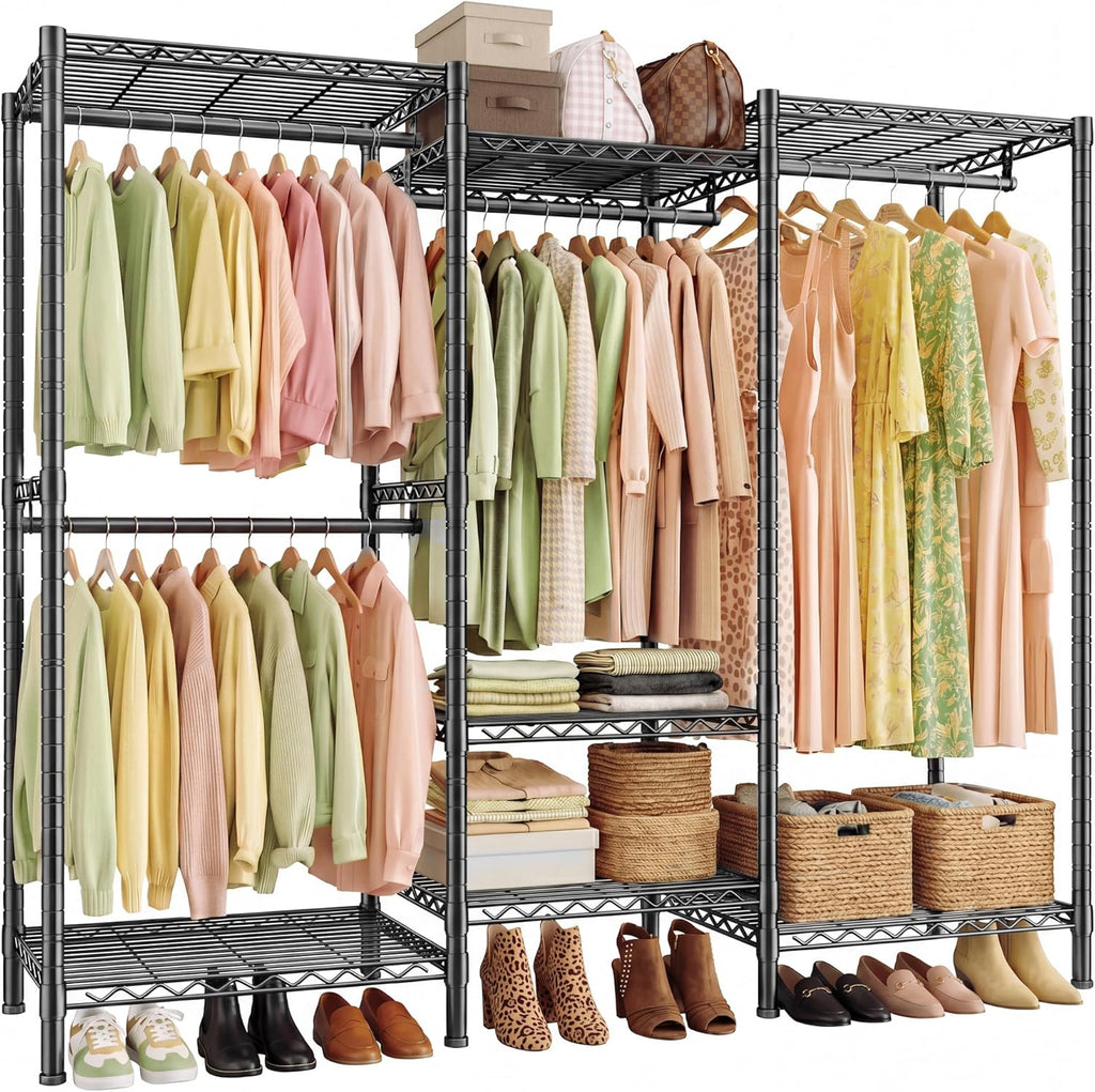 REIBII 380kg Strong Heavy Duty Clothes Rail, 194Hx175Wx40Dcm Freestanding Clothes Rail with 7 Sheves and 4 Adjustable Hanging Rods, Split-Type Design, 2-Mode Steel Clothes Rail for Bedroom Black