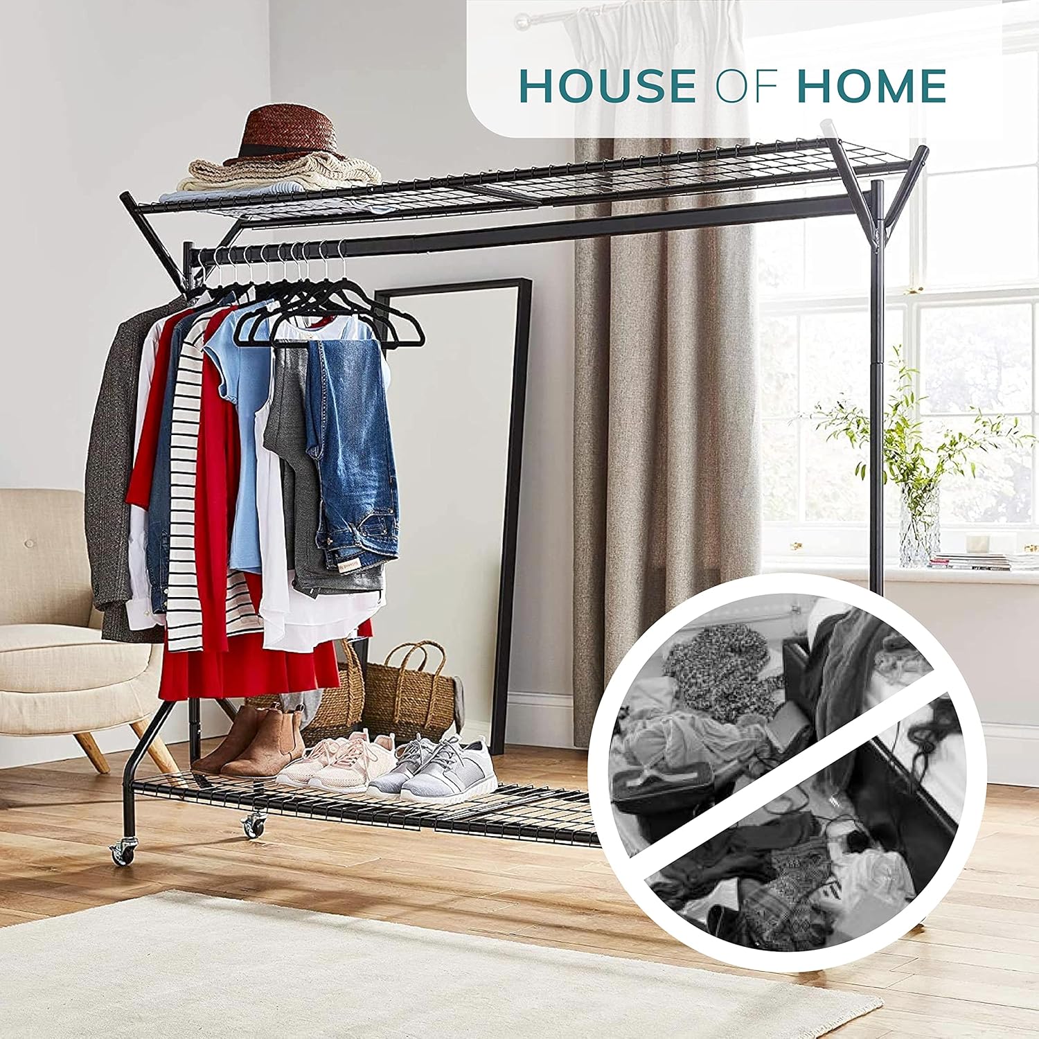 House of Home Clothes Rail Heavy Duty with Wheels Metal Wardrobe Rails For Hanging Clothing & Double Rack Shelves Storage & Organiser for Shirts, Coats, Hat & Shoes 6ft x 5ft Portable Black