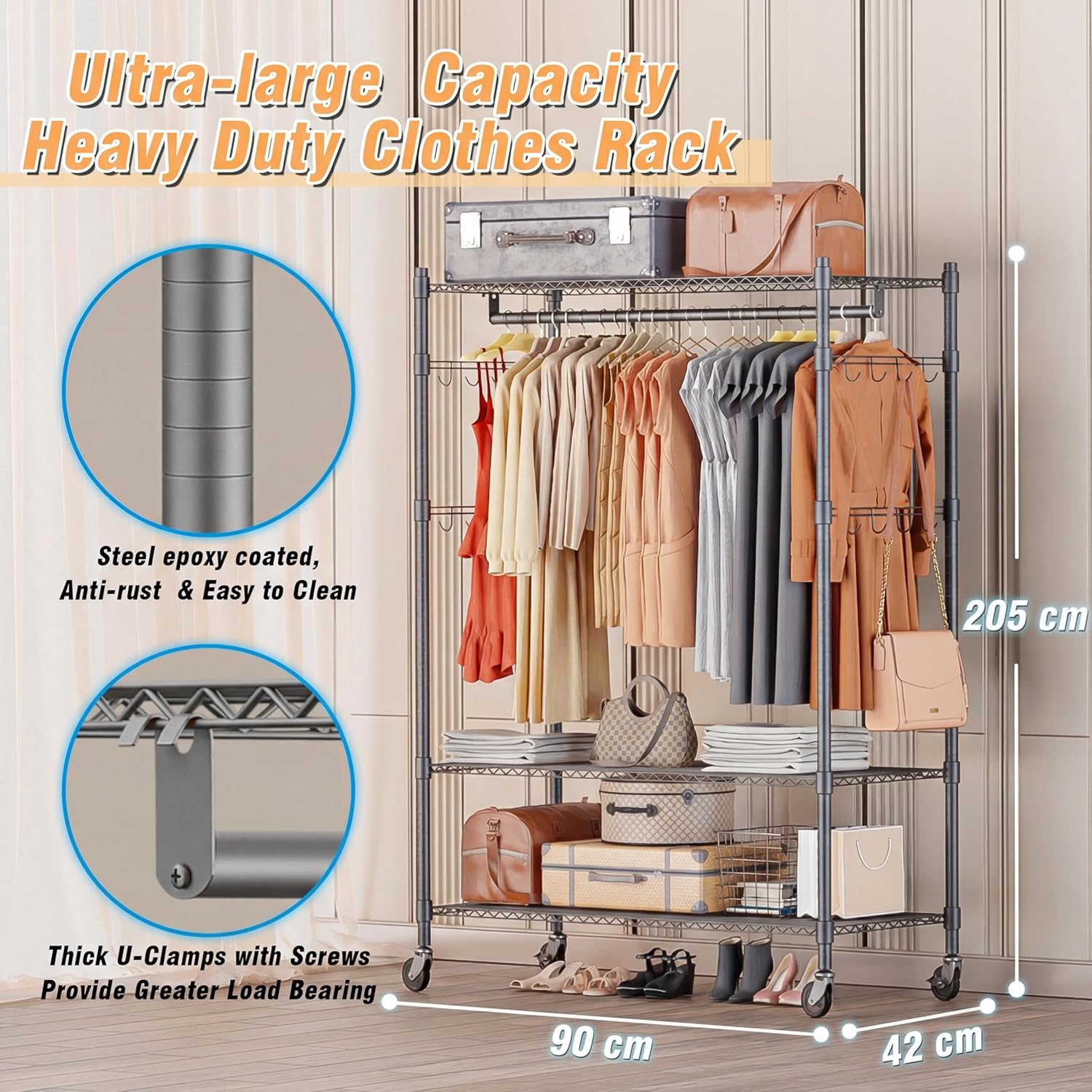 Himimi Double Rod Garment Rack/3 tier Clothes Rail with Height-Adjustable Shelves, Heavy Duty Clothes Rack with 2 Hooks, Clothes Rails with Wheels, 90 * 42 * 205cm, Grey