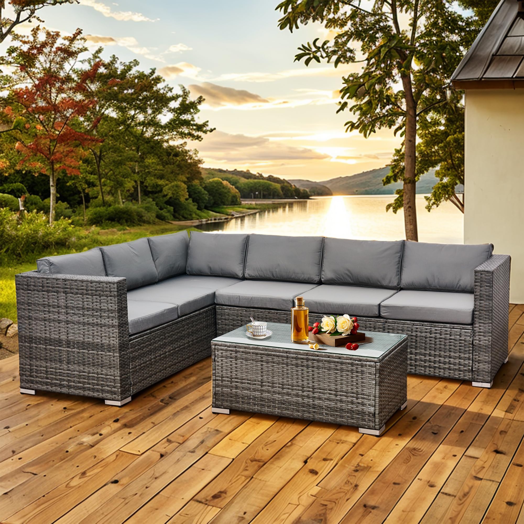 Aweather 6 Seater Rattan Corner Sofa Set Rattan Garden Furniture Set with Modern Glass Coffee Table and Washable Cushions (Cream)
