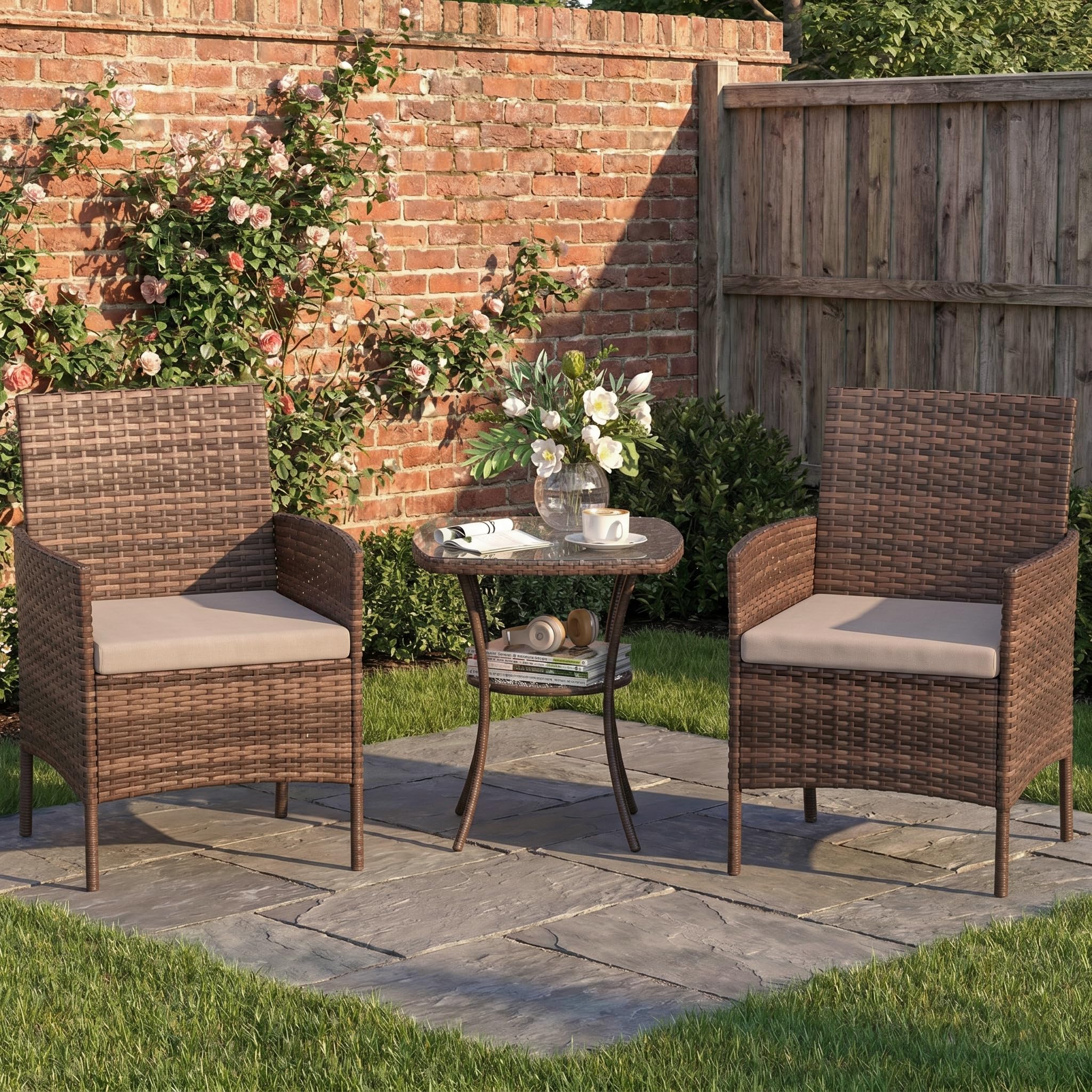 Amopatio 3 Pcs Rattan Garden Furniture Sets, Outdoor Bistro Set with Table and Chairs, Washable Cushions for Balcony, Patio, Backyard, Grey