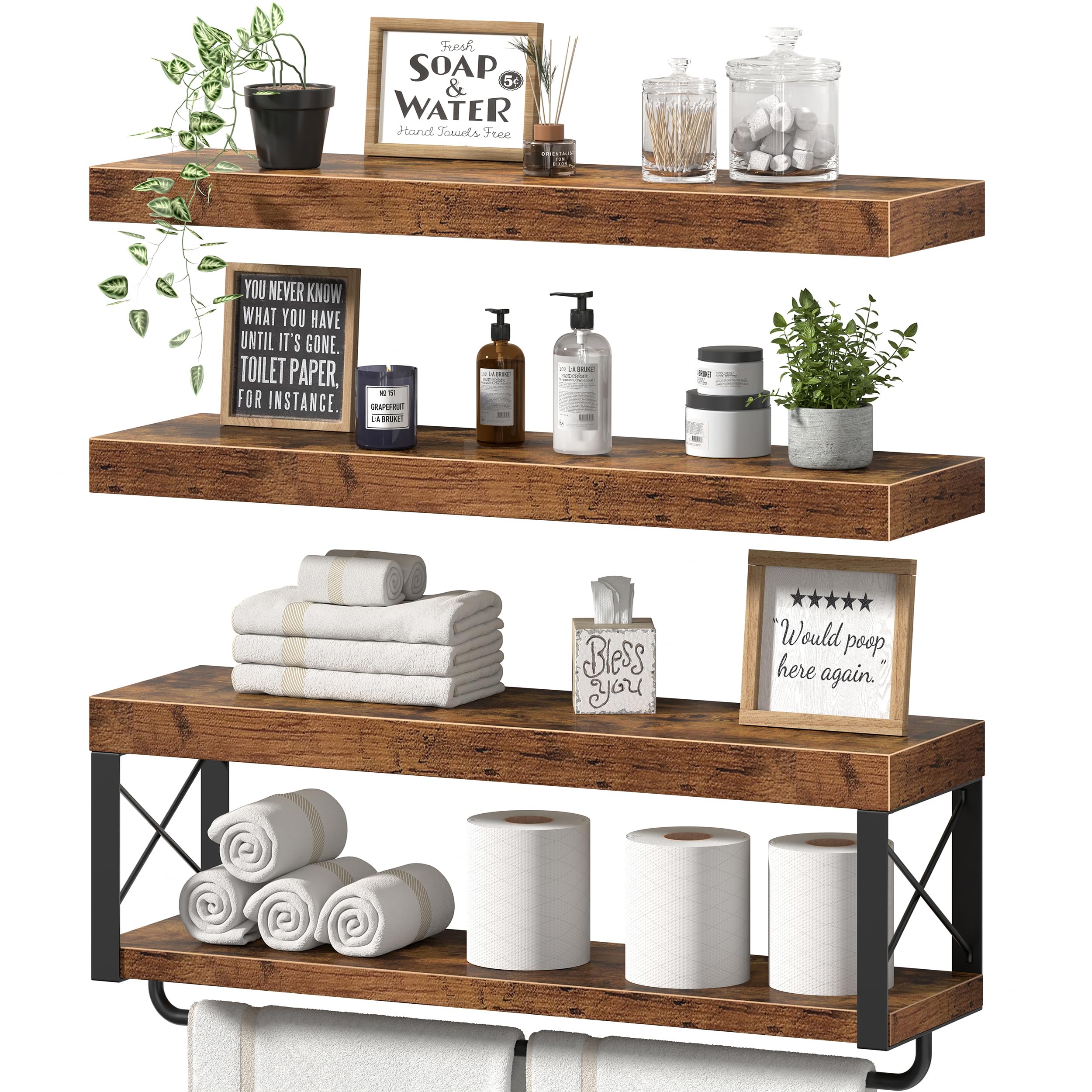 QEEIG Bathroom Shelves Over Toilet - Floating Shelf for Wall Toilet Paper Storage Farmhouse 16 inch Set of 3, Rustic Brown (029-40BN3)
