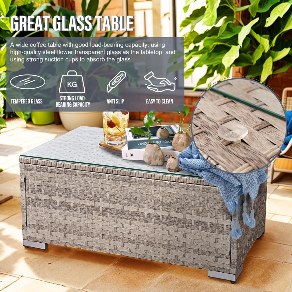 Aweather 6 Seater Rattan Corner Sofa Set Rattan Garden Furniture Set with Modern Glass Coffee Table and Washable Cushions (Cream)